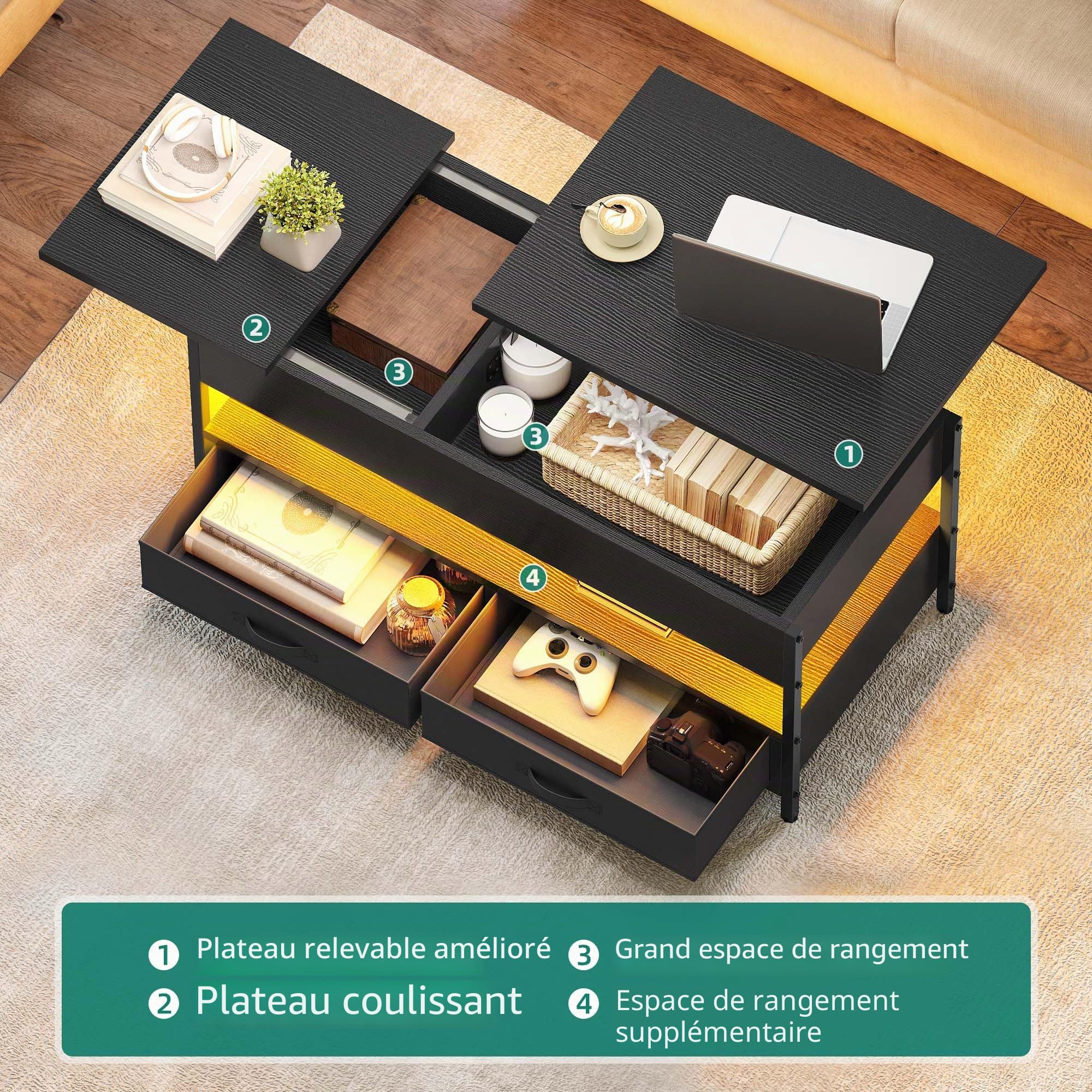 YITAHOME Table Basse Relevable, Table Basse Salon Noir avec Ruban LED RGB et 2 Tiroirs, 106 x50x51,5cm, avec Plateau élévateur et Rangement Caché, Idéal pour Le Salon