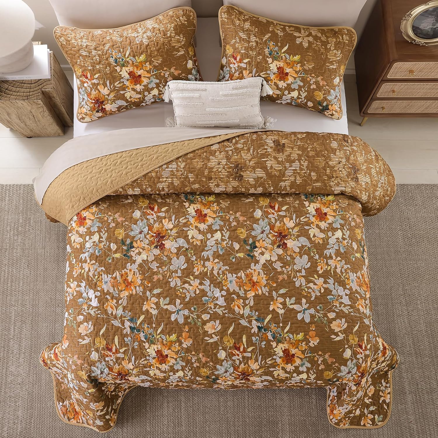 Dobuyly Brown Quilt Set King Size, Floral Bedspreads Coverlet Set, 3 Pieces Soft Lightweight Microfiber Farmhouse Botanical Quilt Bedding Set for All Seasons 110"x90" - Image 9