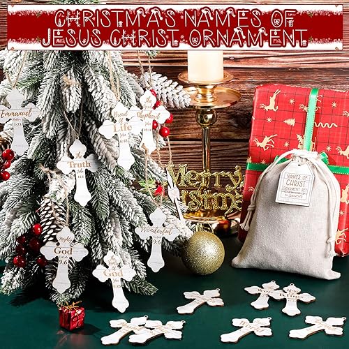 Miniatura 3 de 12 piezas de adornos navideños con nombres de Cristo, adornos colgantes de madera con nombres de salvador, adorno para árbol de Navidad con bolsa de