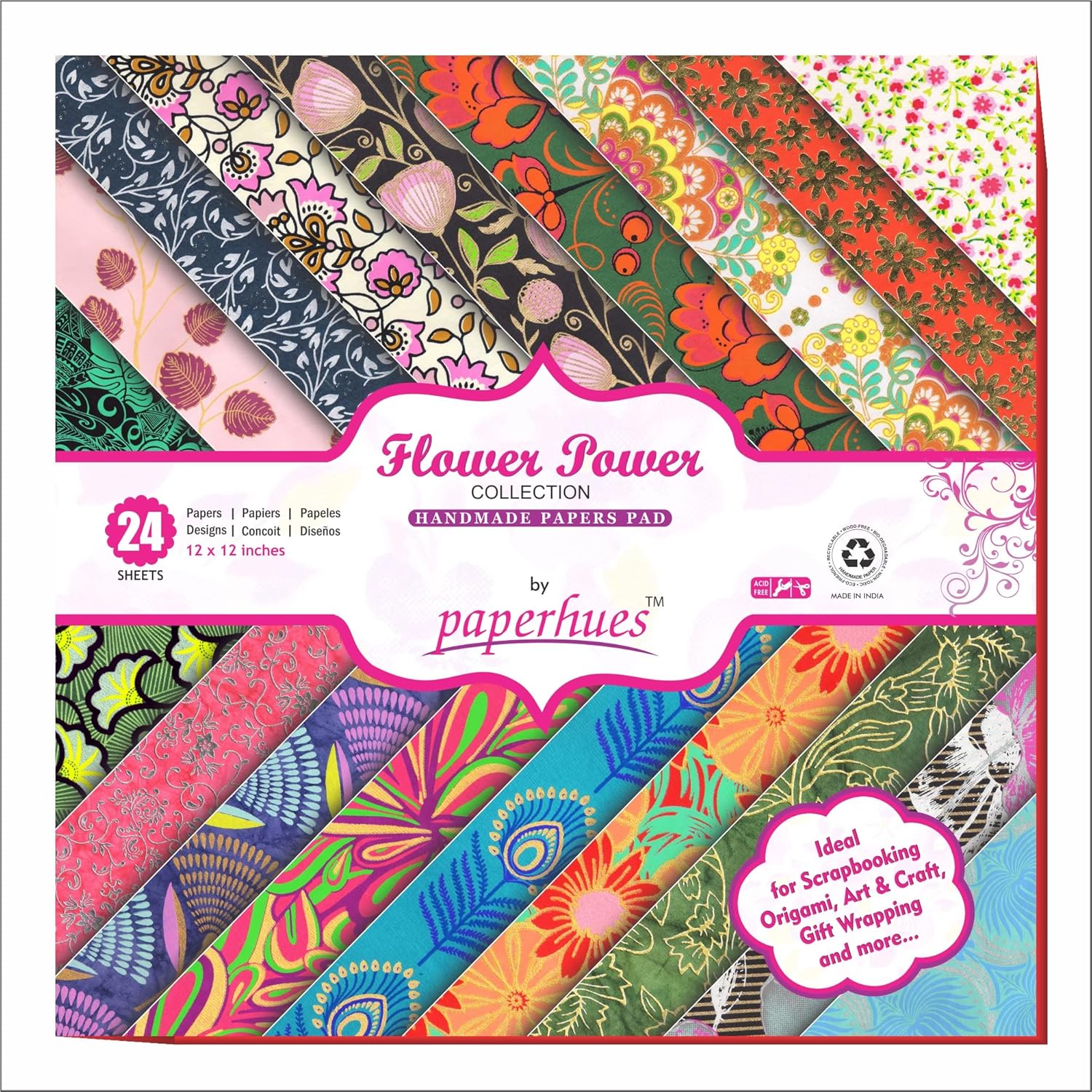 Paperhues Flower Power Handmade Scrapbook Papers 12x12" Pad, 24 Sheets.