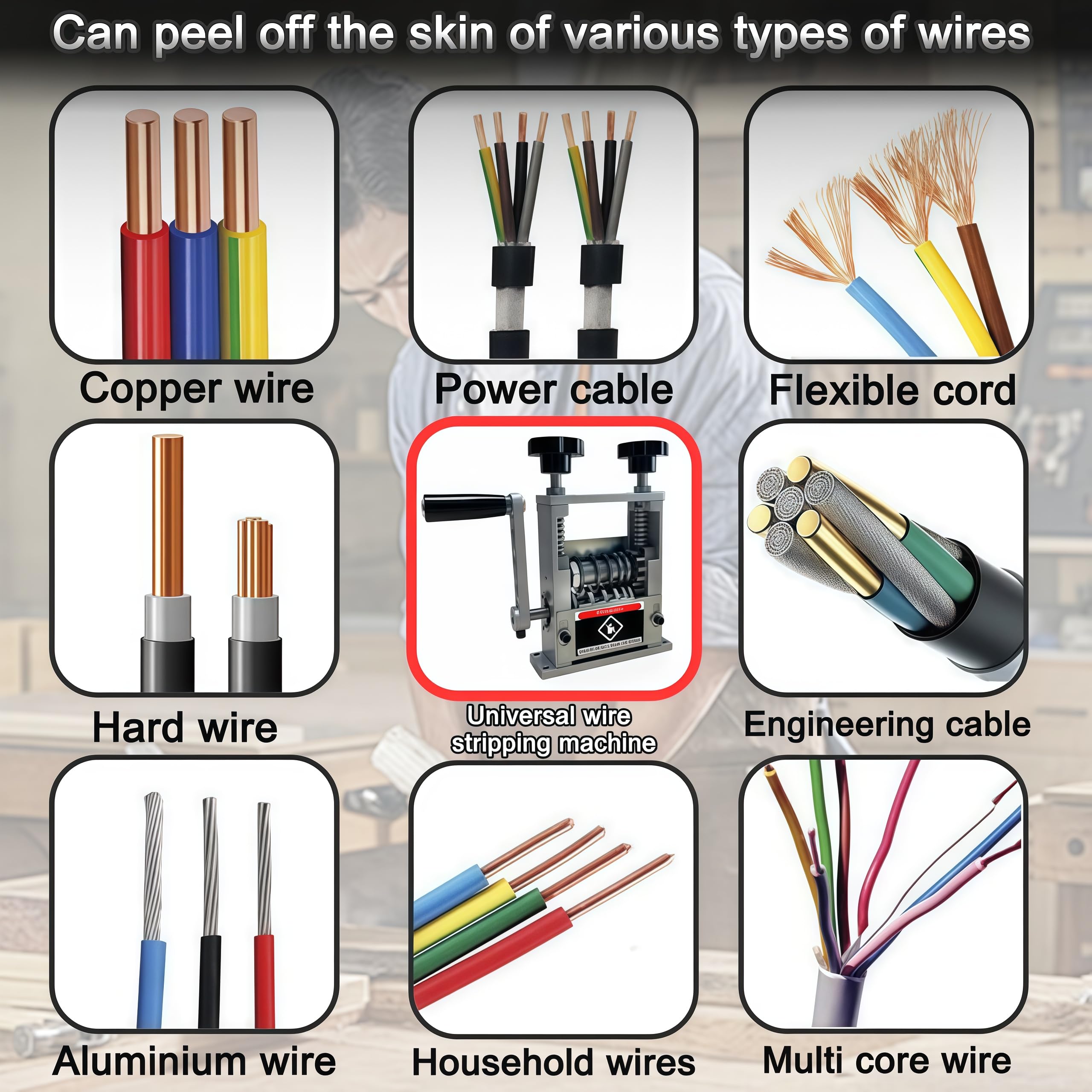 Máquina peladora de cables manual, herramienta peladora de alambre de manivela con 6 canales y 5 cuchillas, herramienta peladora de cables para alambre de chatarra de 0.08 a 0.67 pulgadas, máquina