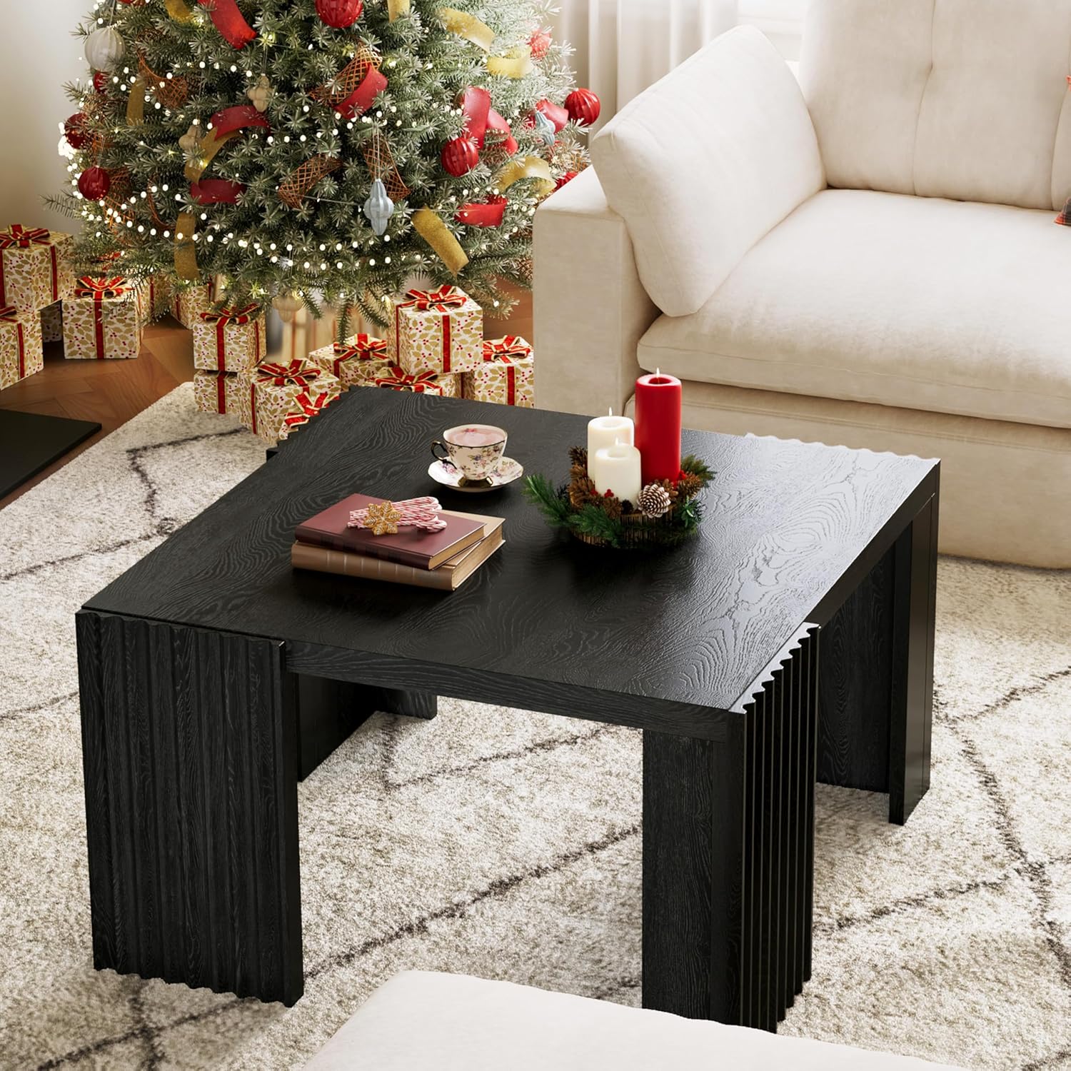 Luoxiao Black Square Fluted Coffee Table for Living Room, Minimalist Modern Accent Center Cocktail Table with 4 Sturdy Legs Wood Living Room Table for Small Space, 27.5-Inch, Easy Assembly