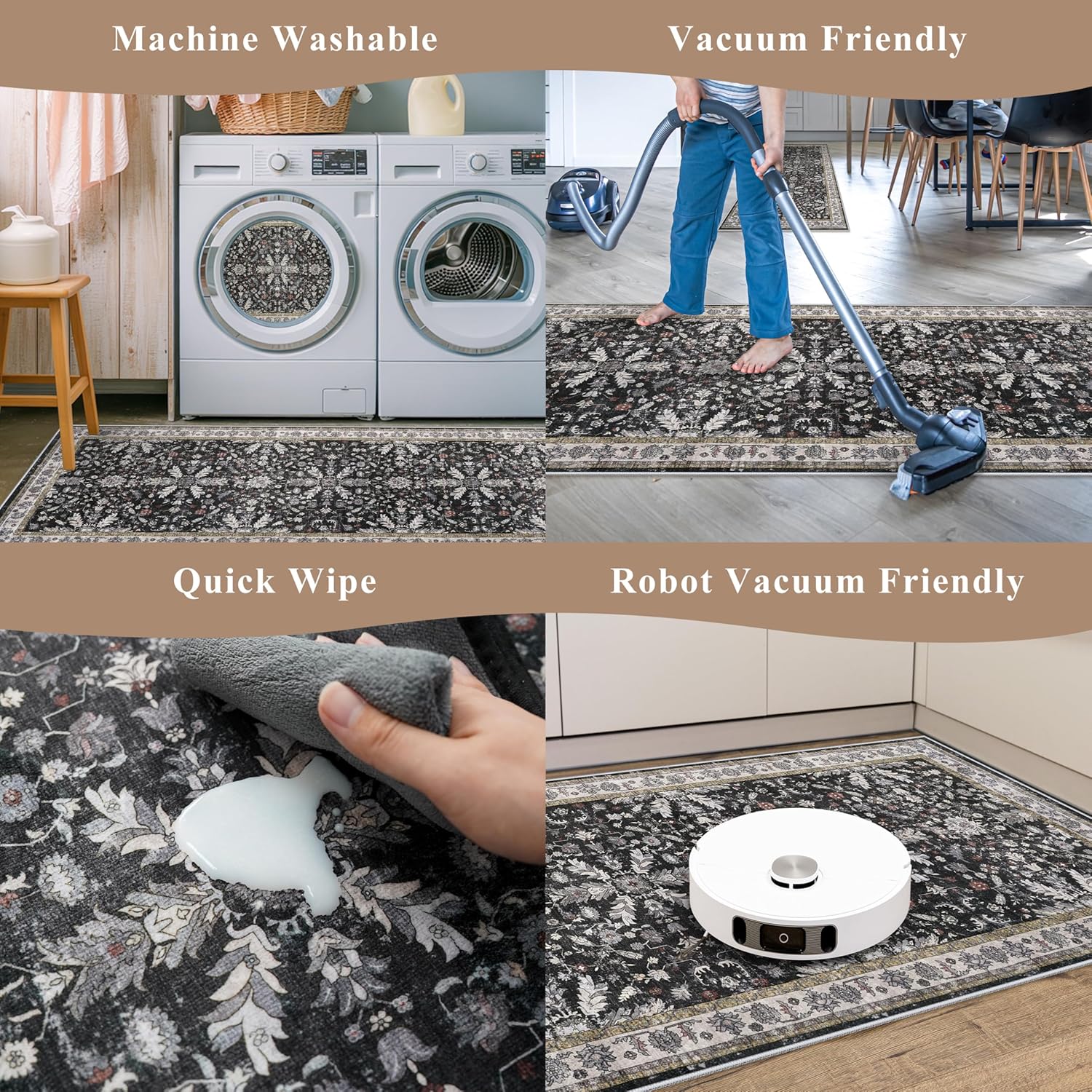 3-Piece Washable Kitchen Rug Set of 3 with Runner – Non-Slip Boho Kitchen Mats for Hardwood Floor, Sink & Entryway & Bathroom, Home Decor (Black,2x3+2x4+2x5)