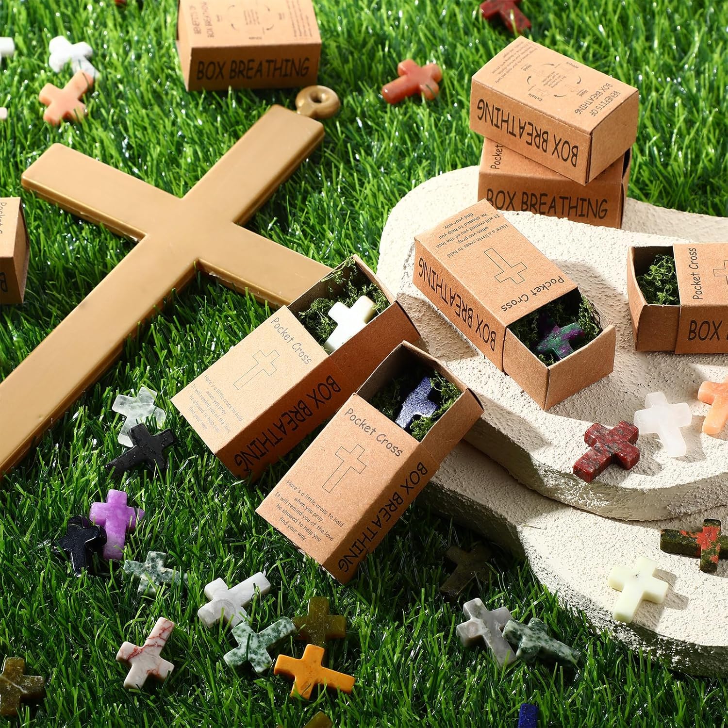 Liliaafar 50 Set Pocket Cross Bulk Christian Religious Gifts Pocket Hug Token with Boxes Natural Crystals Small Mini Stone Cross Charm for Prayers Faith Reminder Baptism Inspirational Gifts