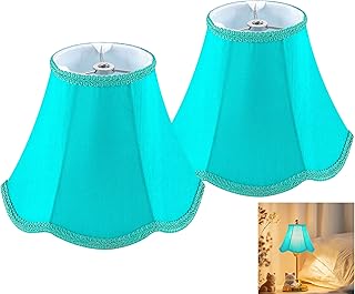 GOSO 2 PCS Small Art Decor Lamp Shades Green Teal,4"×8"× 6.4" Spider Mini Scalloped Lamp Shades Bell Replacement, Modern & Boho Wall Lamp Shade for Table Lamps,Natural Faux Silk