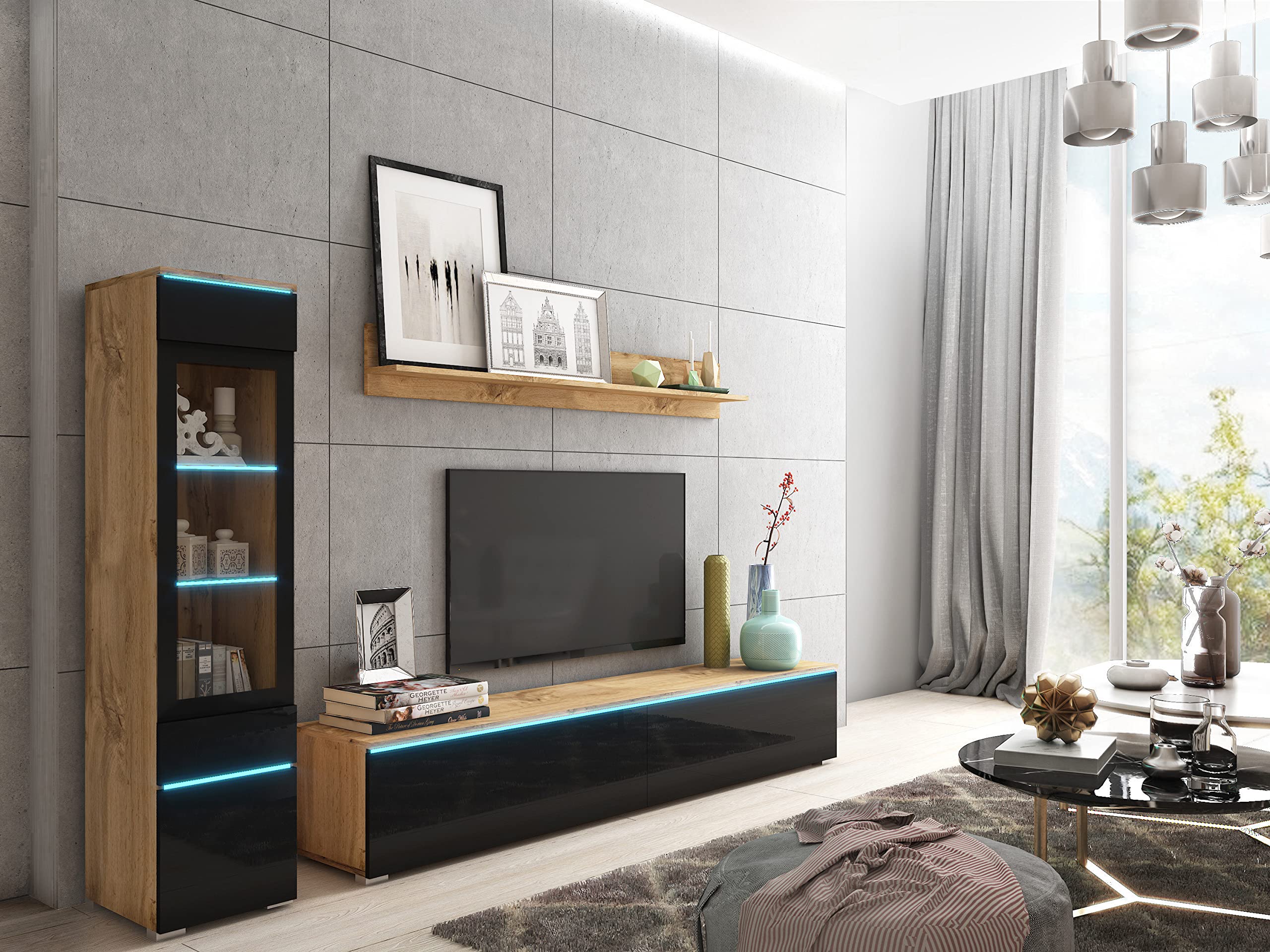PIASKI Ensemble de Meubles de Salon Vera I, Éclairage LED Optionnel, Ensemble de Meubles de Salon, Différentes Couleurs (Wotan/Noir Brillant, Sans Éclairage LED)