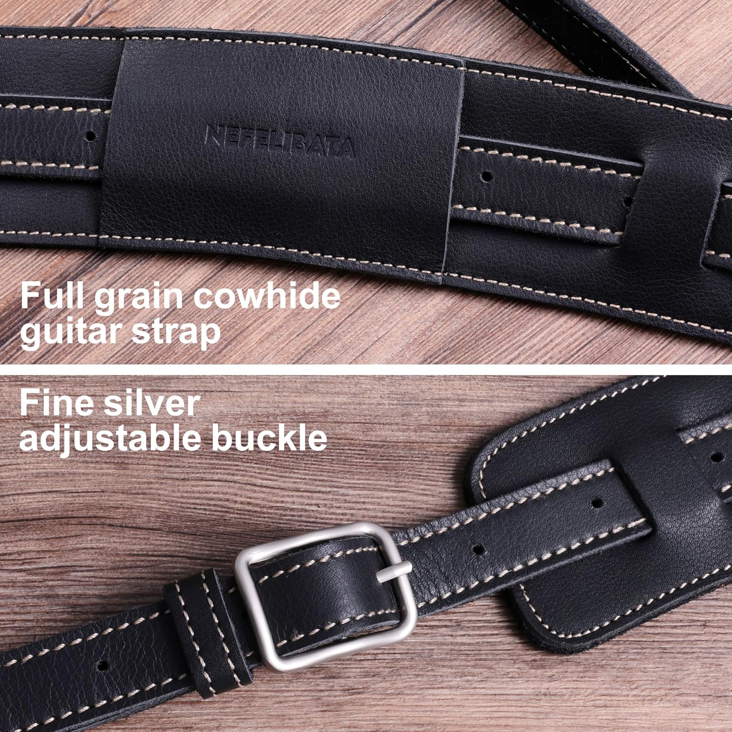 Nefelibata Guitar Strap/Bass Strap with Shoulder Pad and Bavarian Tumbled Cowhide Lining for Acoustic Guitar/Electric Guitar/Bass