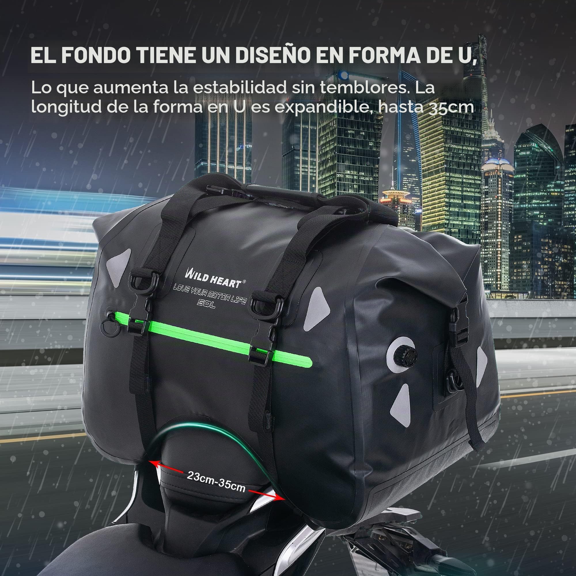 WILD HEART Bolsa de Asiento Trasero de Motocicleta en Forma de U 50L Impermeable Cola Bolsa de Lona Equipaje de Moto con Correa (Negro)