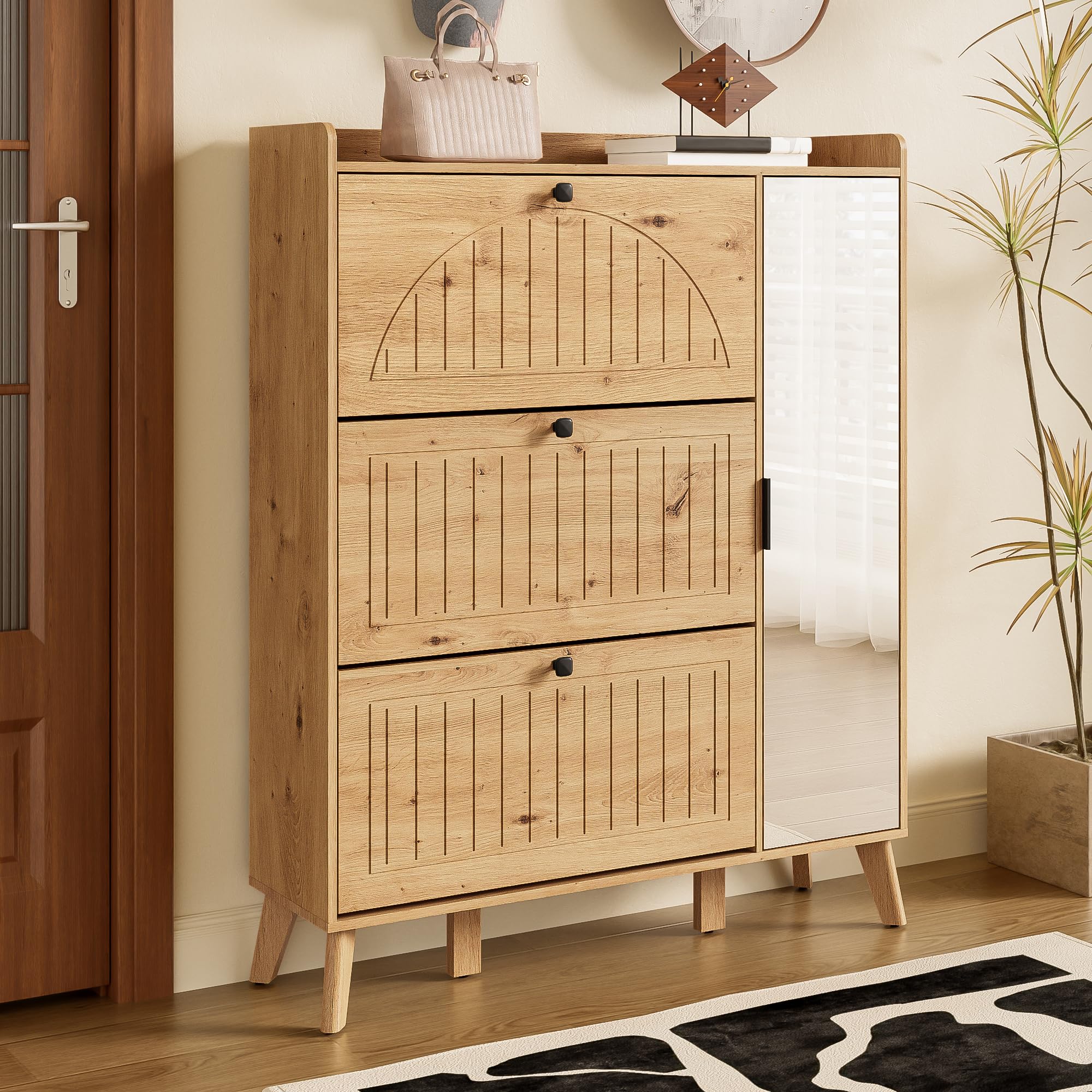 Scarpiera da corridoio, 110 x 24 x 137,5 cm, con specchio, 3 scomparti pieghevoli e ripiani, effetto legno, robusta scarpiera per ingressi stretti, design nordico