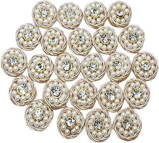 Artificial Pearl and Jarkan Stone 1.5 cm Diameter 25 Pieces Embroidery Neck sew on Applique Patches Decorative Patches White and Golden Color for Clothes, Jackets, Blouse, Saree, Decoration (D032)