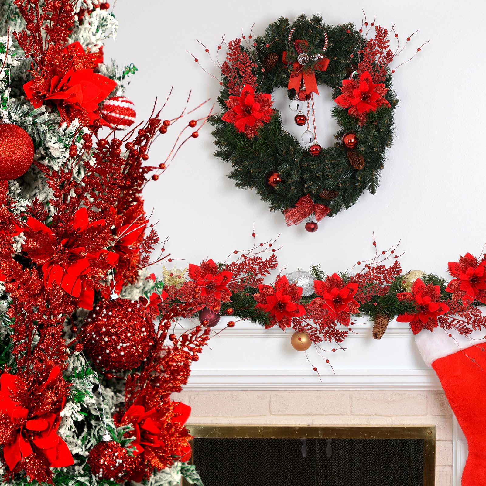 Canlierr 15 Stück 43,2 cm künstliche Glitzer-Beerenstiel-Ornamente mit Weihnachtsstern, Weihnachtsstern, für Weihnachtsbaum, Vase, Urlaub, Party, Heimdekoration (rot)