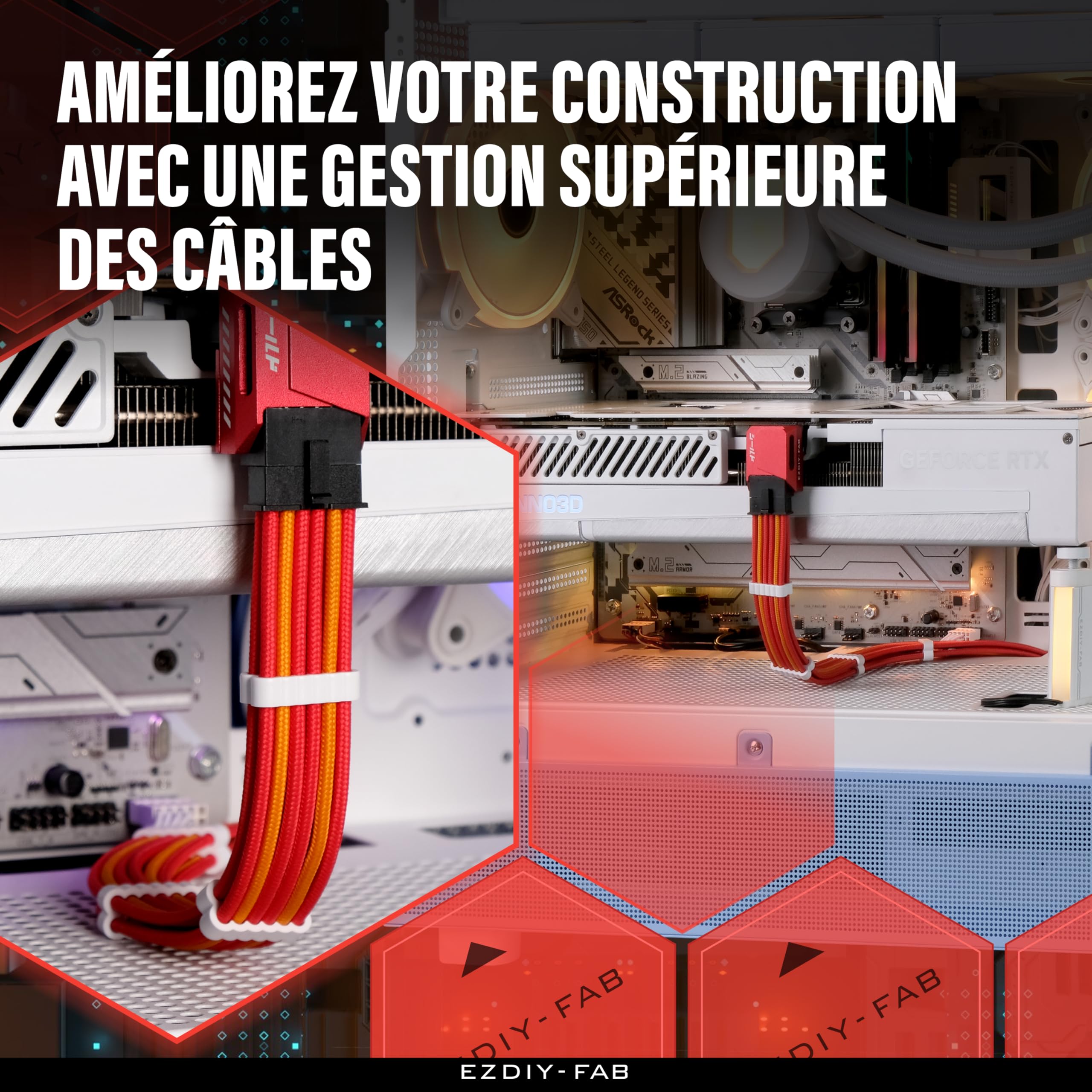 EZDIY-FAB Extension de câble GPU Power Sleeved, connecteur 16pin(12+4) PCIe 5.0 mâle à 3X PCIe 8 broches pour RTX4070Ti Super, 4080 Super, 4090, avec peignes de câble pré-installés -16AWG/ rouge jaune
