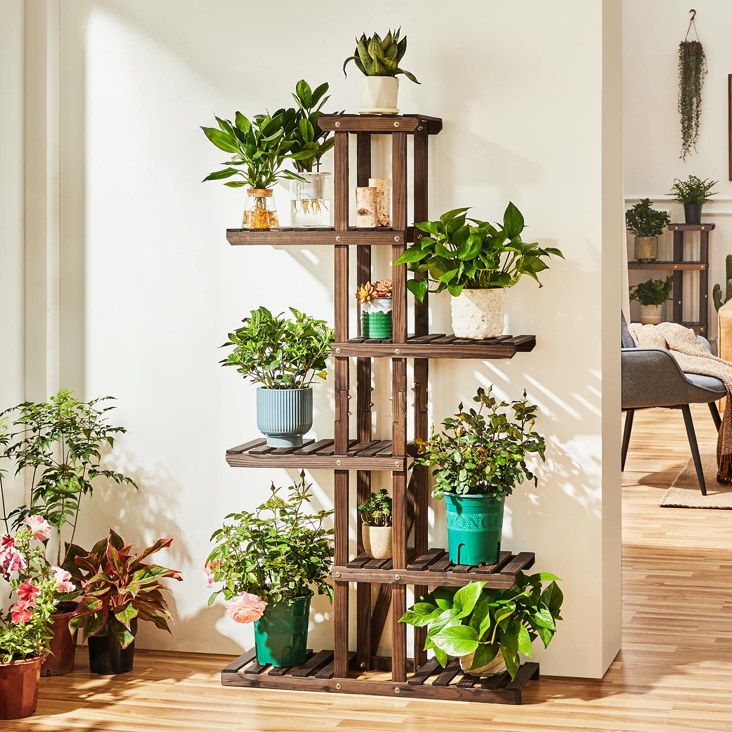 Yaheetech Support de fleurs à 6 niveaux, étagère à fleurs en bois massif, étagère à plantes, banc à fleurs pour balcon / terrasse / jardin 75 x 26 x 140 cm