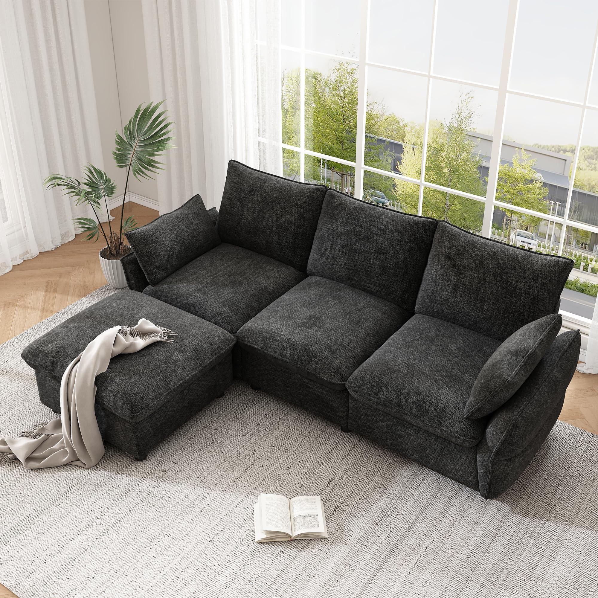 Generisch Sofa narożna ciemnoszara, 3-osobowa z taboretem, szenilowa, do salonu