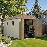 Patiowell 8x12 FT Kick-It Plastic Outdoor Storage Shed with Floor, Windows & Lockable Doors - Easy Assembly for Garden Tools