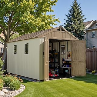 Patiowell 8x12 FT Kick-It Plastic Outdoor Storage Shed with Floor, Windows & Lockable Doors - Easy Assembly for Garden Tools