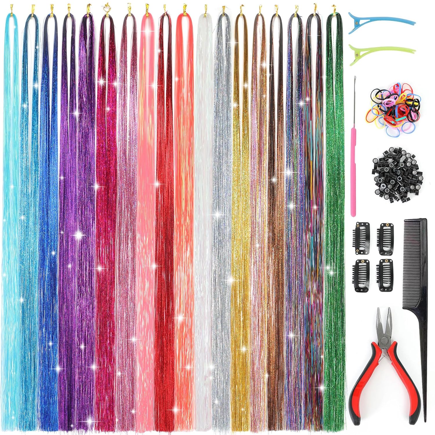Hair Tinsel Kit 48 Inch 18 Colors Tinsel Hair Extensions Fairy Hair Tinsel Heat