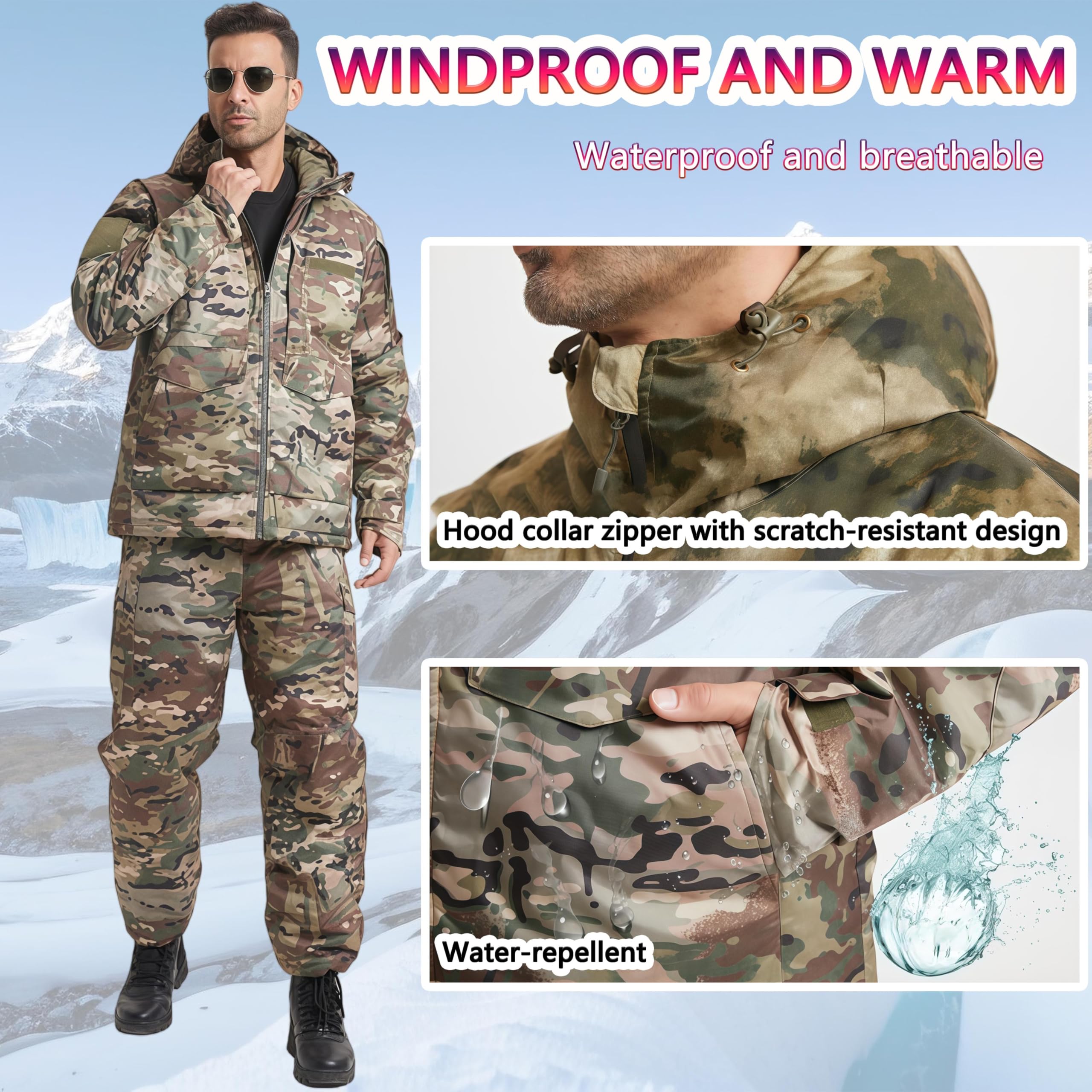 Conjunto de traje de caza impermeable para hombre, chaqueta y pantalones gruesos para entrenamiento de invierno al aire libre