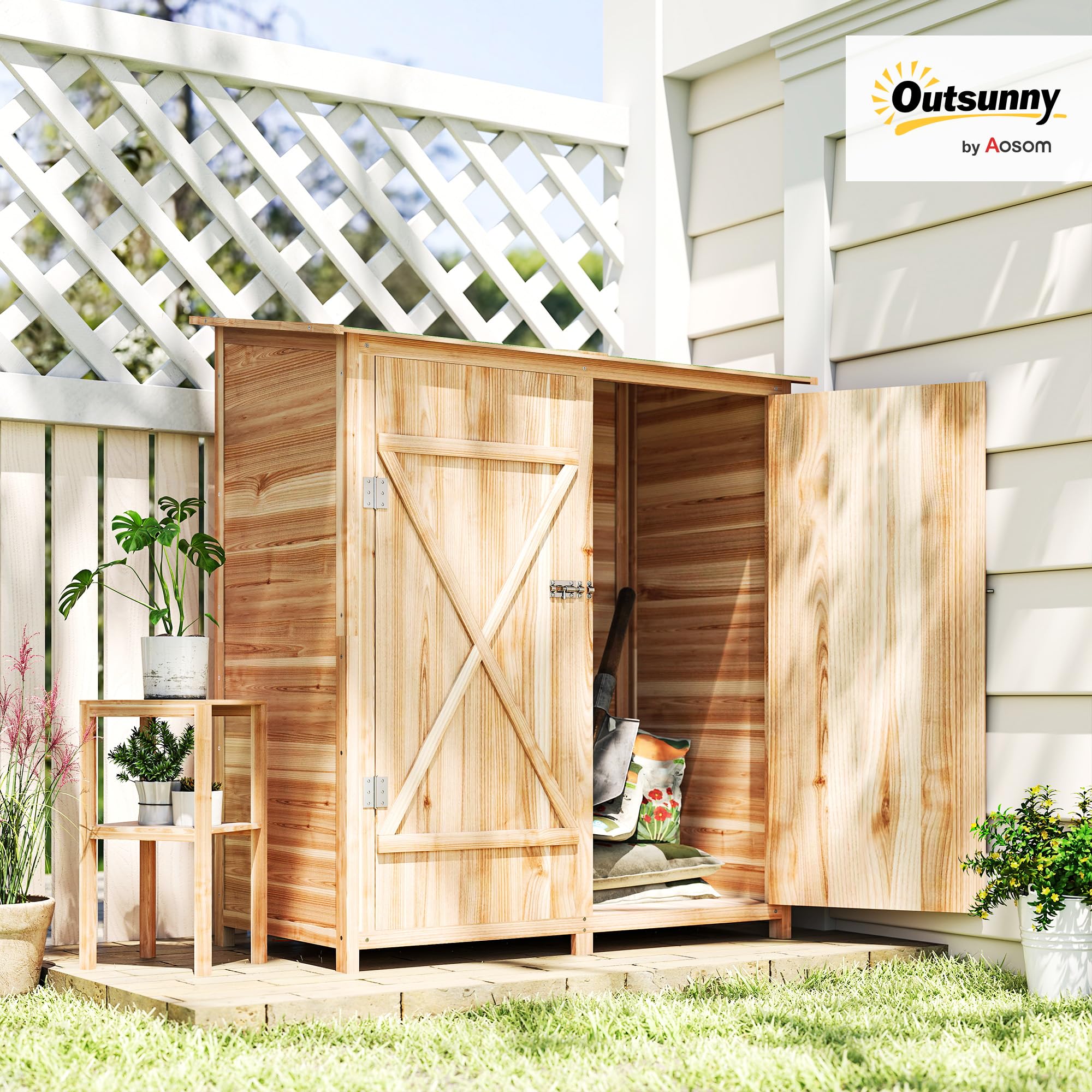 Outsunny Armoire de Jardin Cabane à Outils 2 Portes verrouillables Toit en Bitume imperméable Bois de Sapin 140x75x157 cm