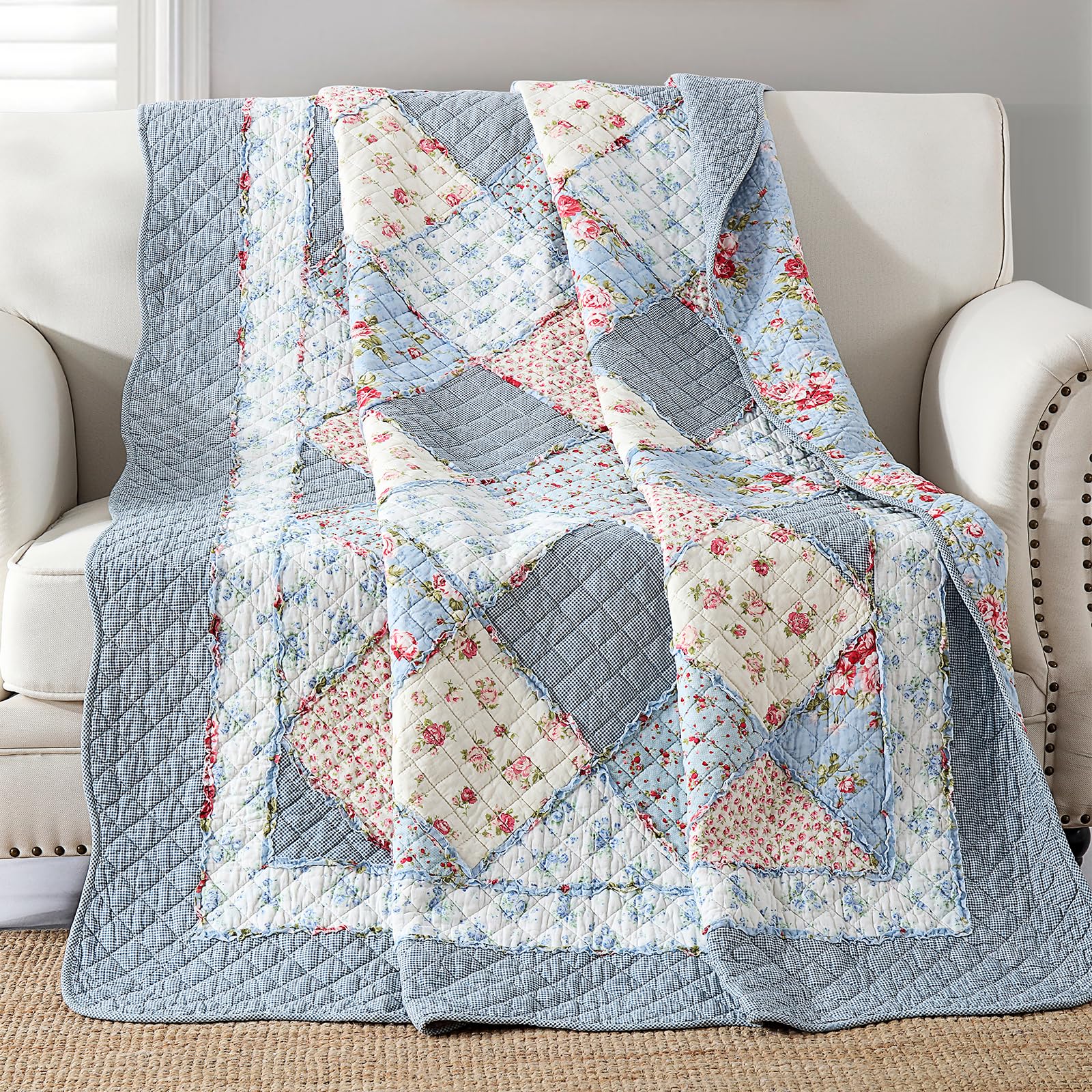 Qucover Single Bedspread Quilted Soft Cotton Blue Floral Patchwork Quilts, Quilted Sofa Bed Throw Blanket 127x152 cm
