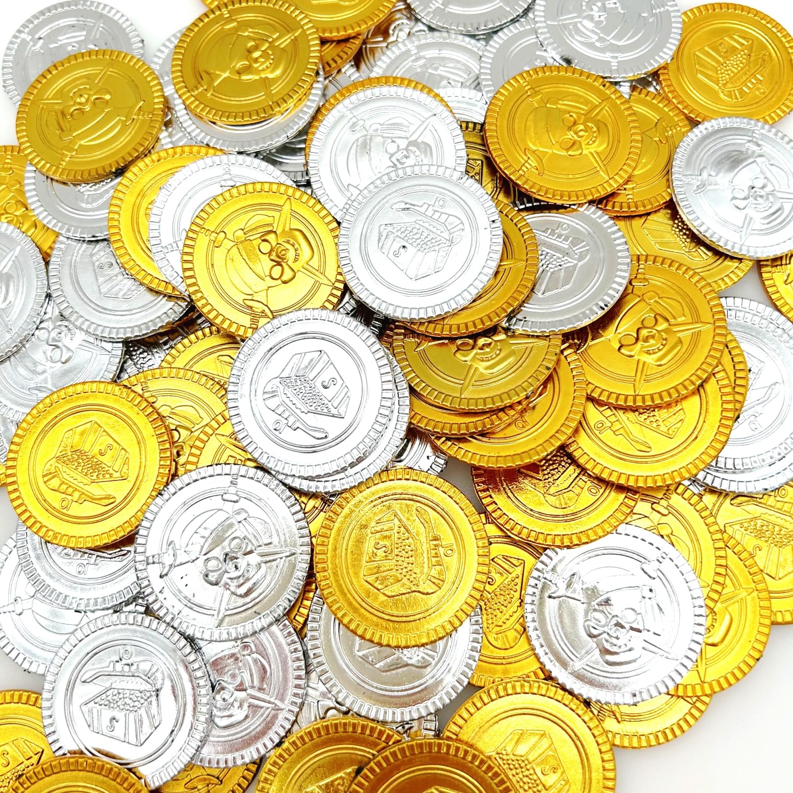 JZK 100 x Monete d'Argento e d'oro in plastica finte Monete Pirata Caccia al Tesoro Giocattoli per Bambini Festa bomboniere Feste per Halloween/Natale/Festa di Compleanno per Bambini