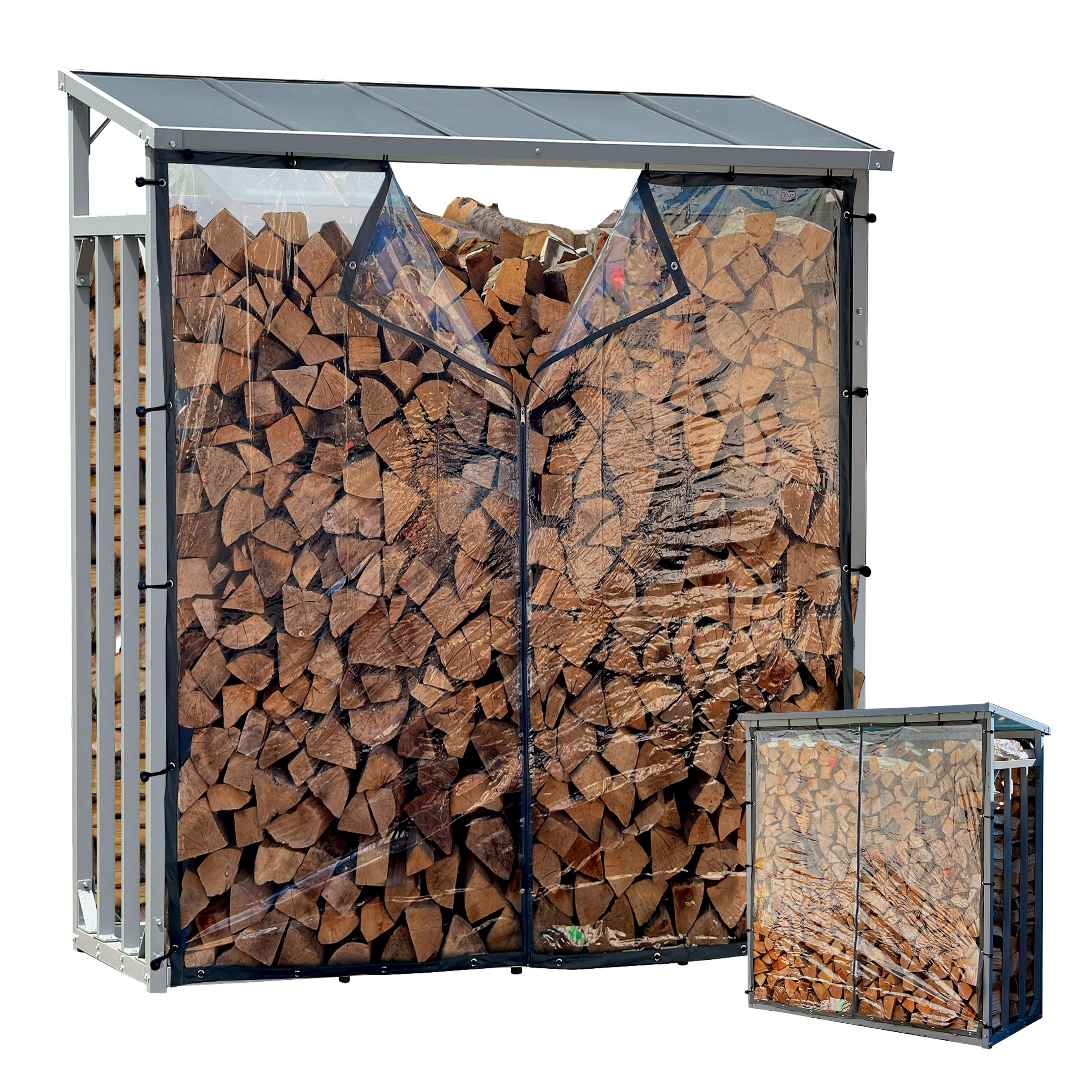 QUICK STAR Aluminiowy regał na drewno kominkowe, zewnętrzny, 130 x 70 x 185 cm, z ochroną przed warunkami atmosferycznymi, przezroczysty, profil aluminiowy Pro - 40 mm, szary, odporny na warunki