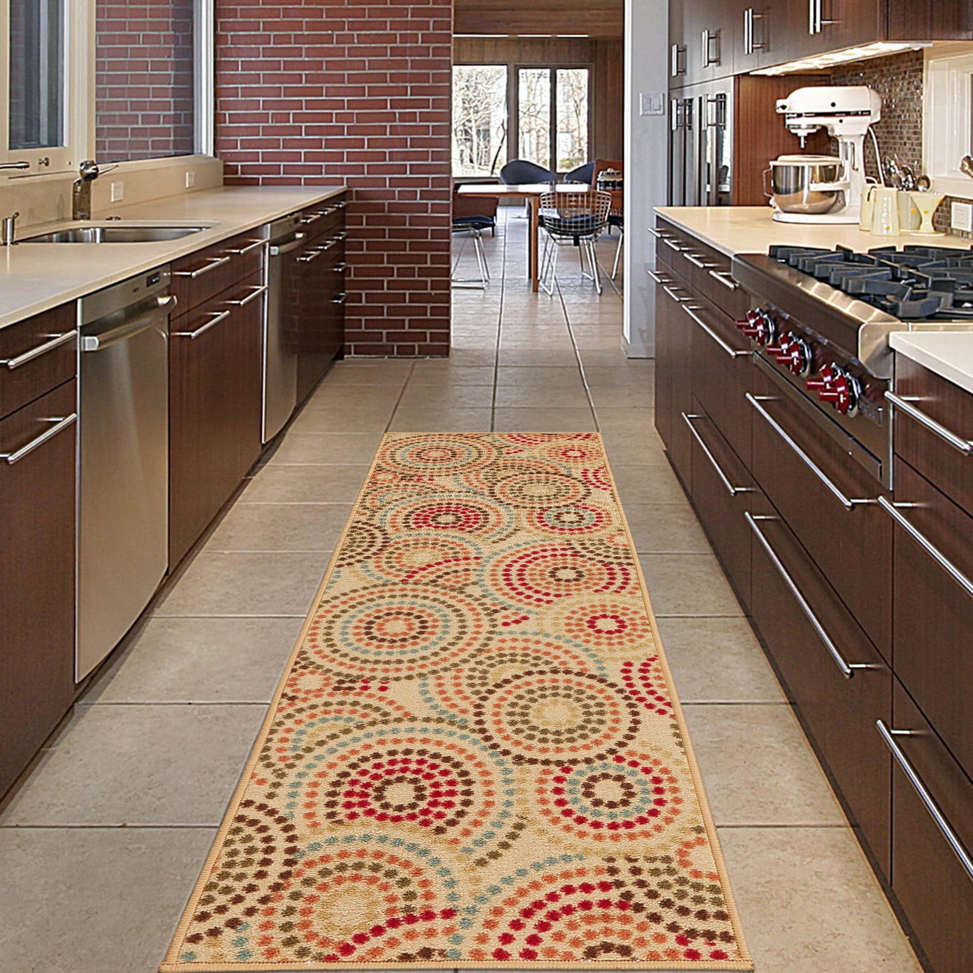 Diagona Designs Contemporary Circles Design Modern Non-Slip Kitchen/Bathroom/Hallway Area Rug Runner, 20'' W x 59'' L, Beige/Multi Color