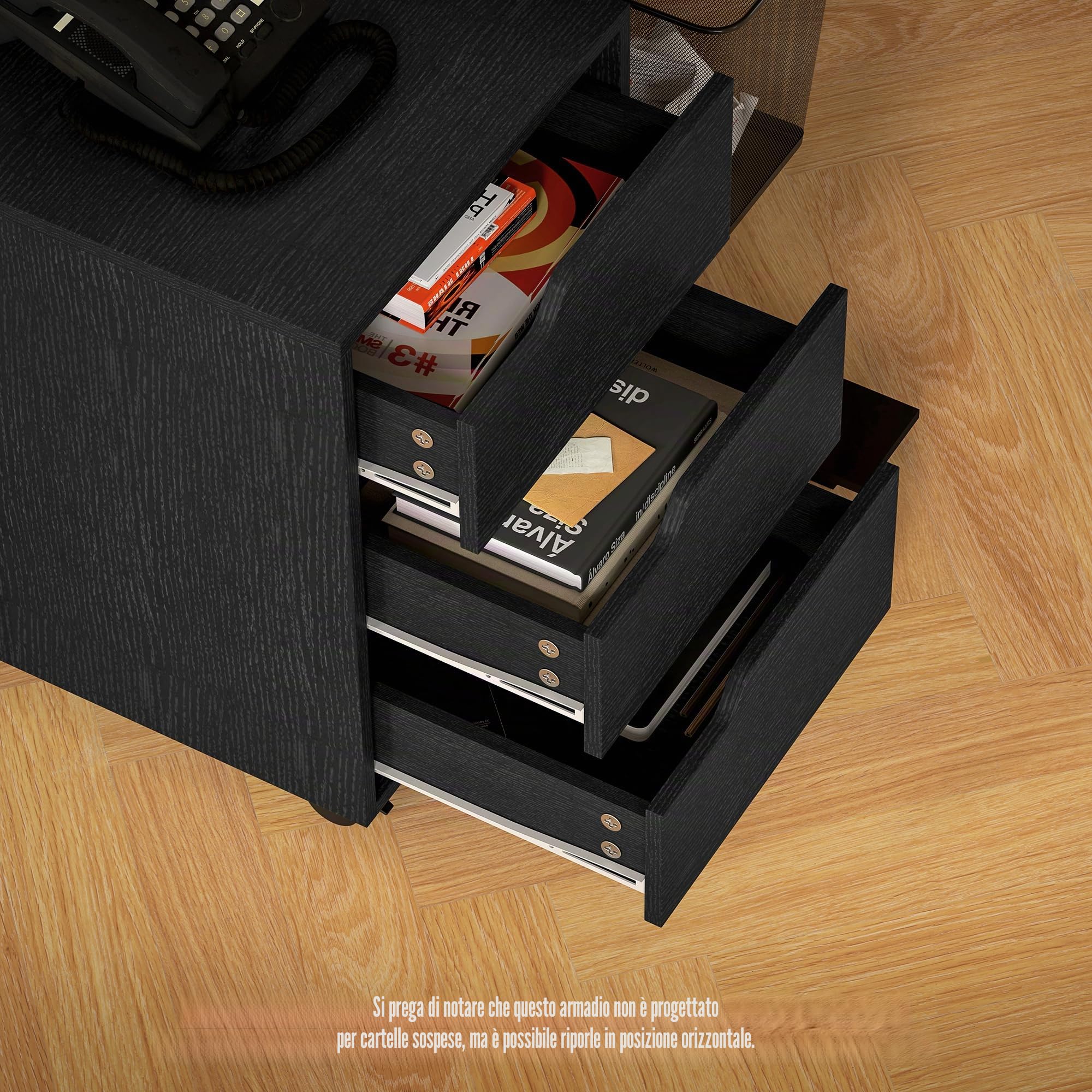 HOMCOM Cassettiera da scrivania mobile con 3 cassetti, mobile da scrivania su ruote, per documenti e stampante, scatola compatta per lavoro o camera da letto, 40 x 50 x 57,5 cm, nero