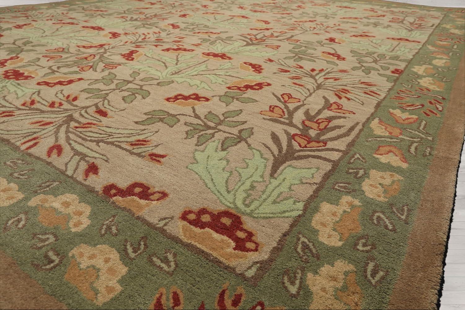 ACELENE 10x14 Handmade Area Rug Authentic Wool Floral Beige, Sage Color Hand Tufted