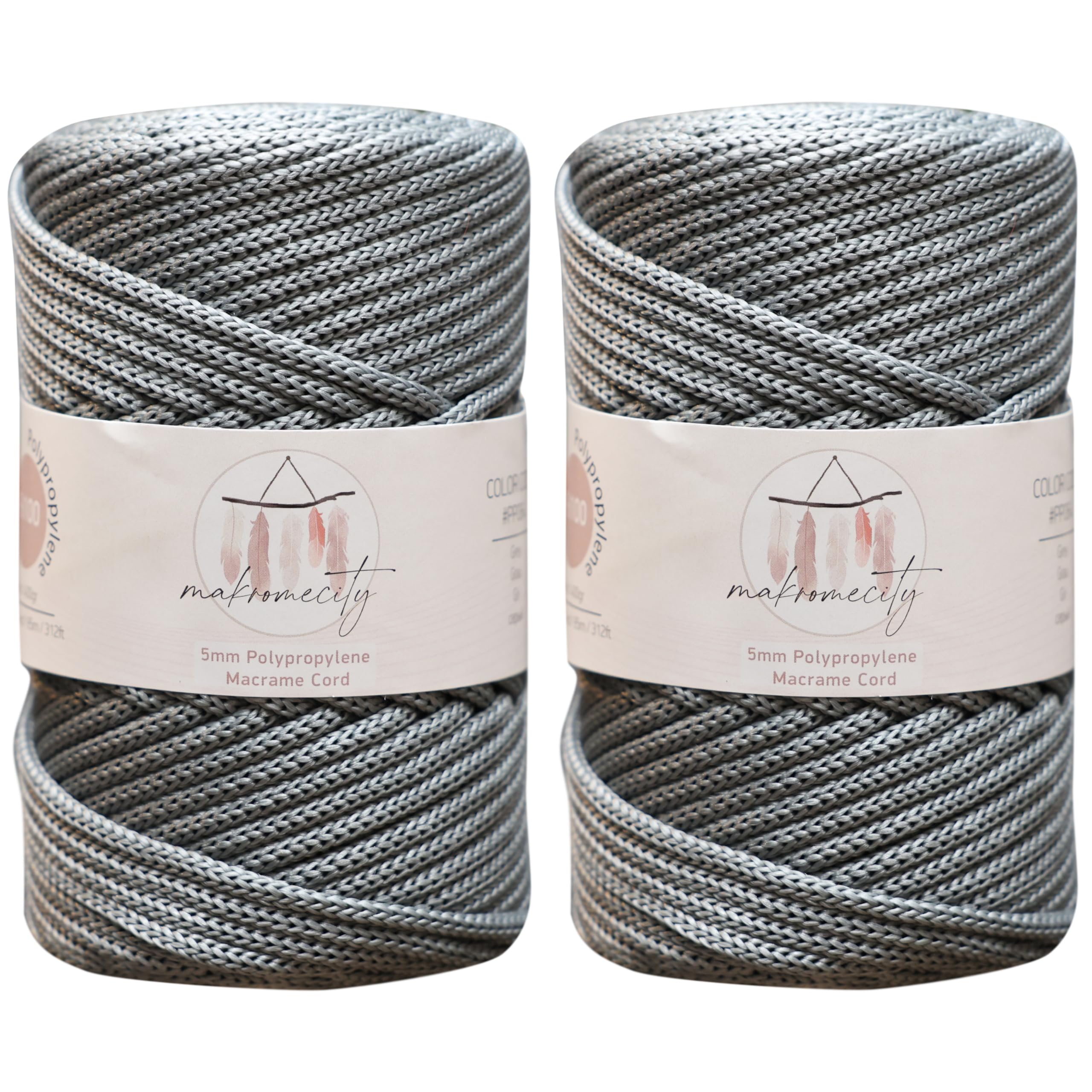 Makromecity, 2 Skeins of Polyester Macrame Cord 5mm x 104 yards (311 feet) 5mm Polypropylene Grey Macrame Cord Crochet Macrame Bag Cord Crafts for Wall Hangings, Bags, Underplate, Rug