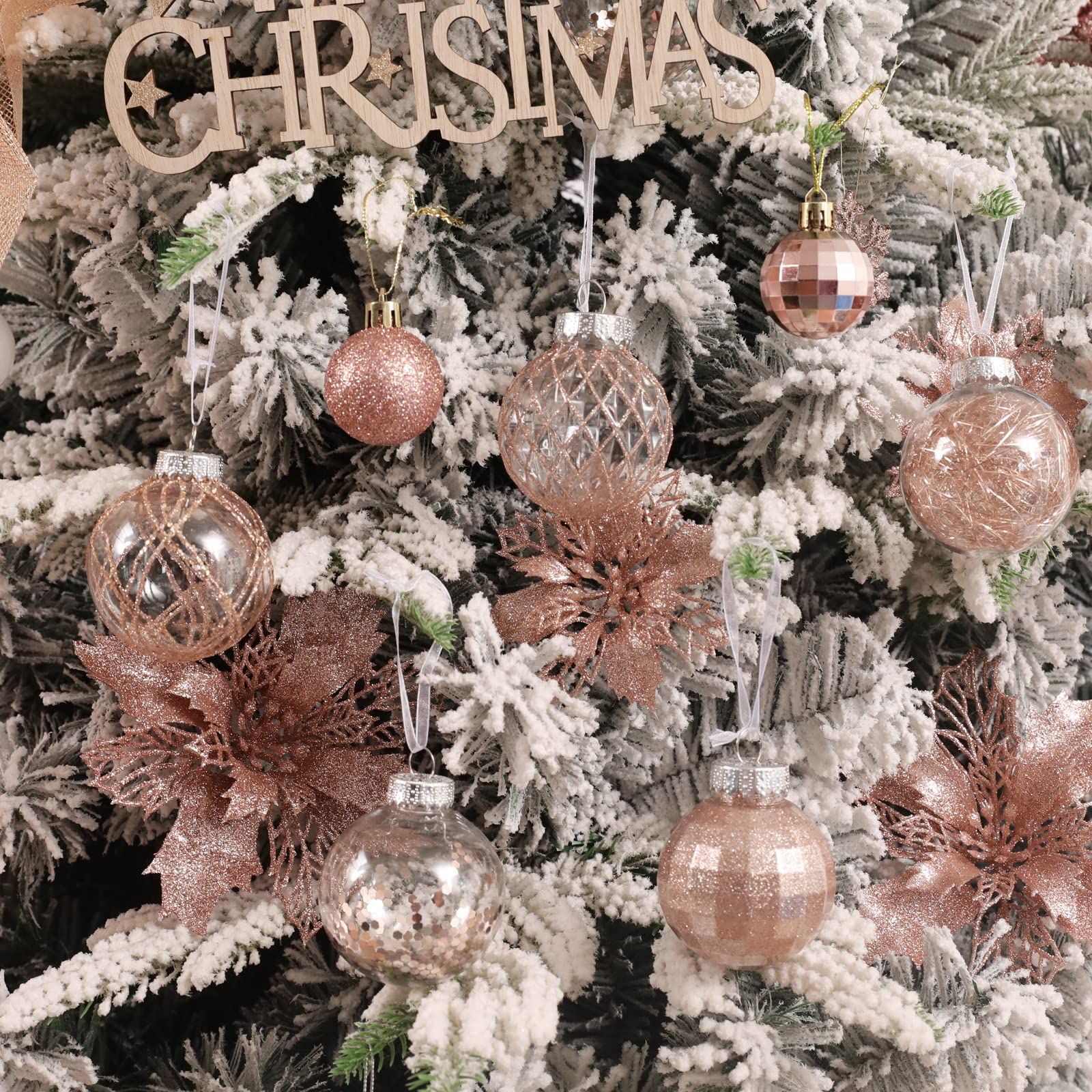 Bolas de Navidad de 30 quilates, 60 mm/2.36 pulgadas de plástico transparente inastillable, bolas de Navidad con relleno delicado brillante, decoración de árbol de Navidad colgante (oro rosa)