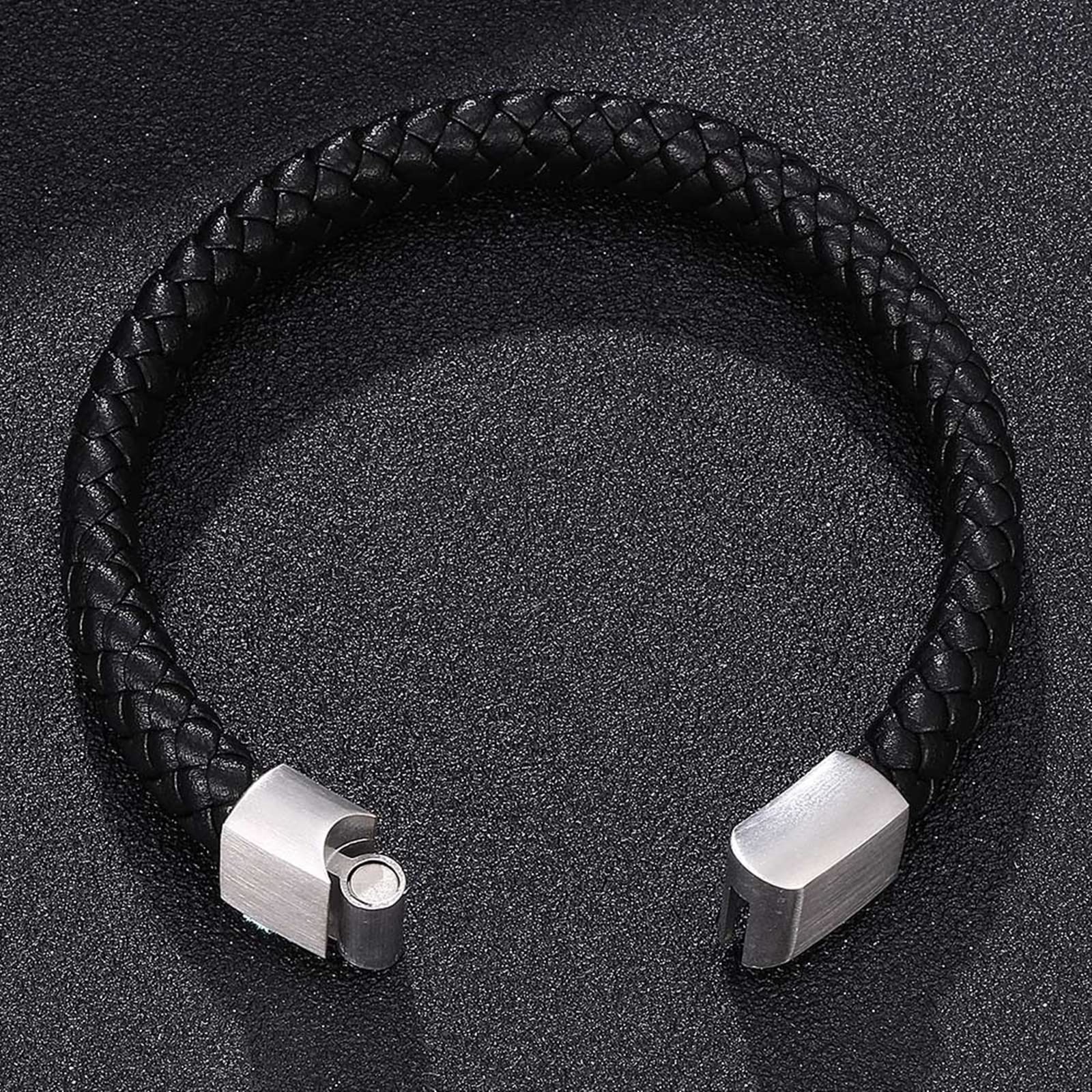 Edelstahlarmband, Herrenschmuckarmband, geflochtenes Lederarmband mit silberner Schnalle, 16,5 cm Länge, Punk-Biker-Herrenarmband