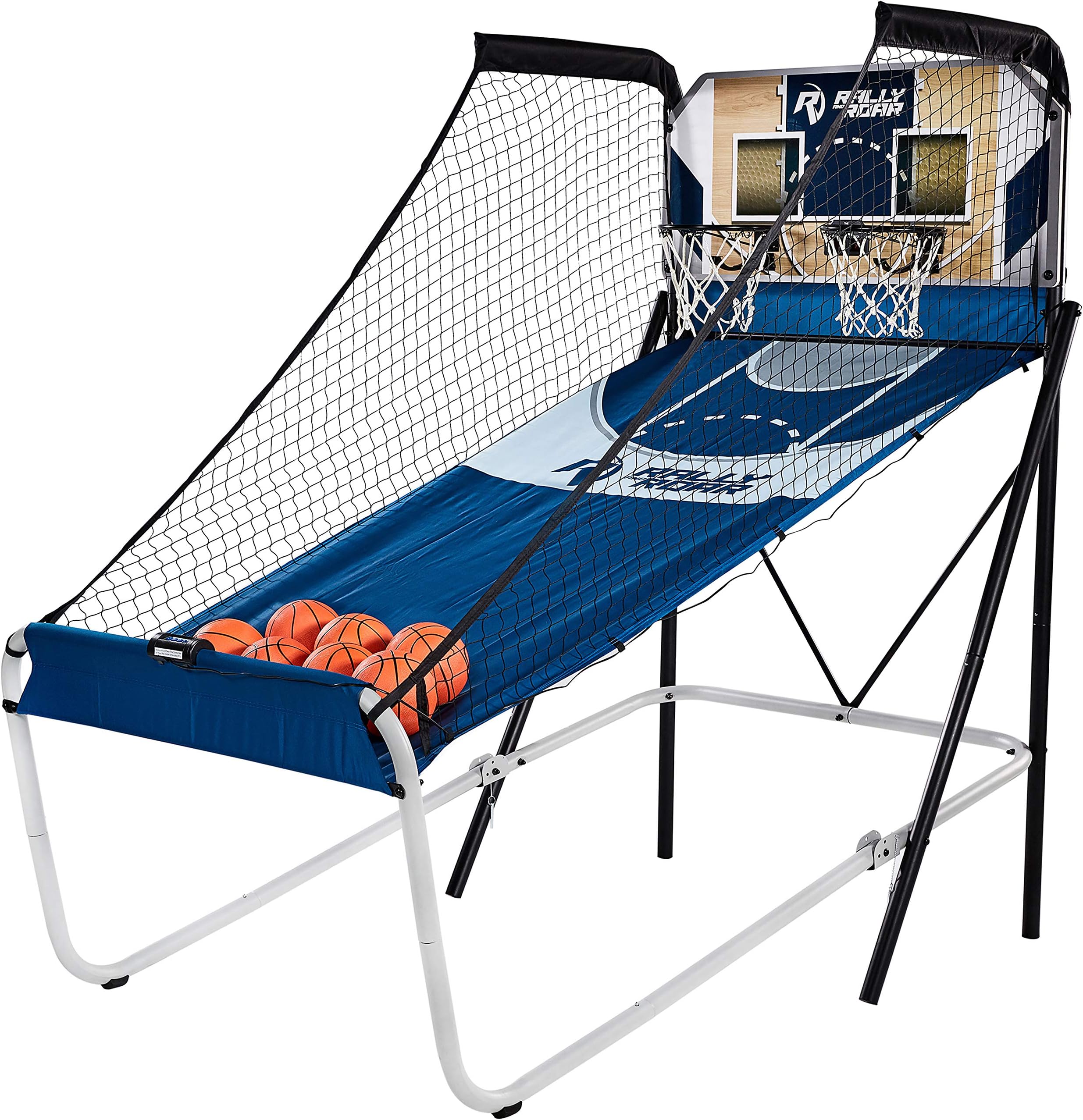 Rally and Roar Classic Shootout Indoor Foldable Arcade Basketball Game - Dual Shot with LED Lights and Scorer - 8 Game Options with 7 Basketballs and Pump