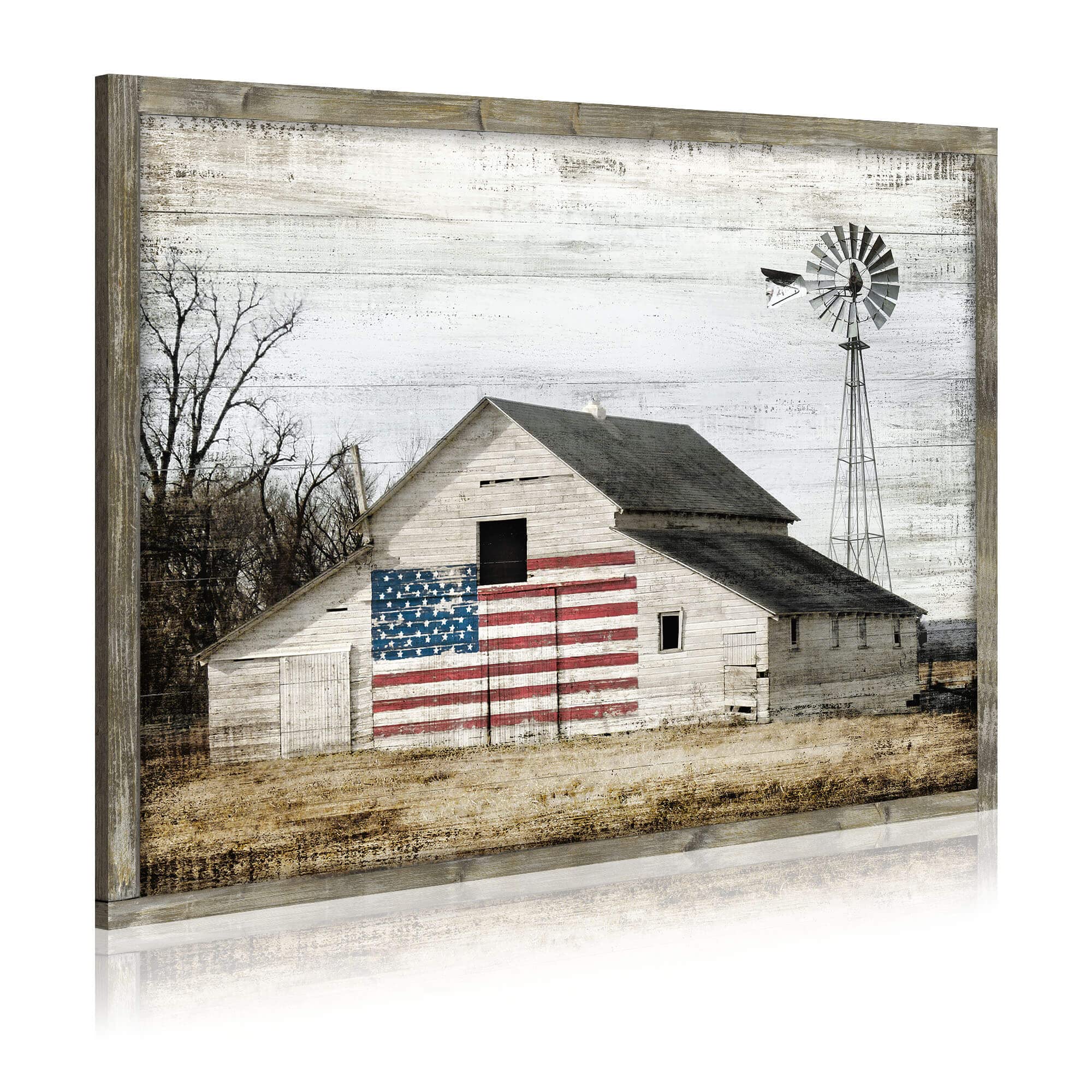 Rustic Landscape Wooden Picture Artwork - Neutral Color Barn with USA Flag Accent Windmill Painting Wall Art Framed
