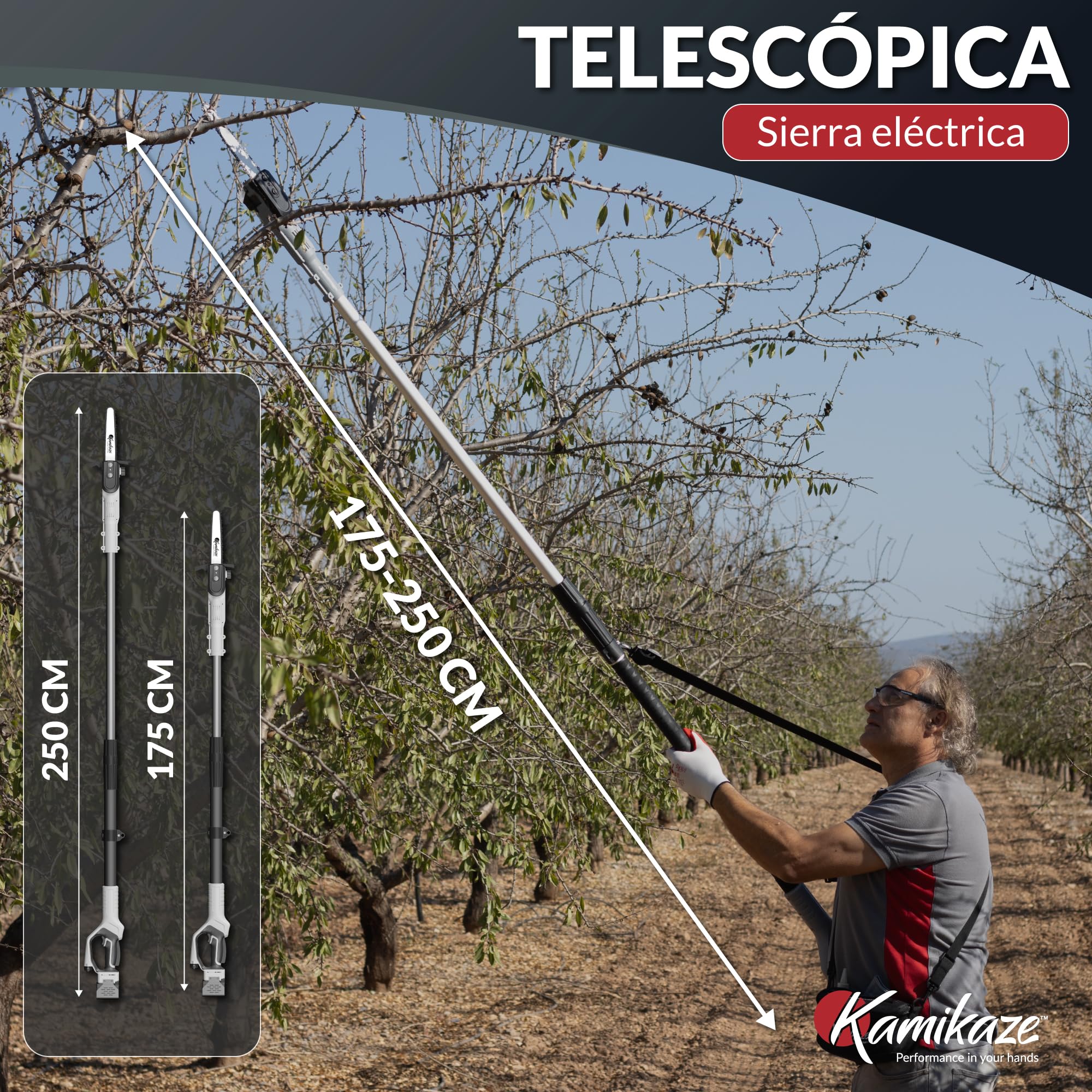 KAMIKAZE Sierra Extensible Eléctrica Inalámbrica Profesional - Corte Ø 160 mm, Motor Sin Escobillas, Potencia 950W, Telescópica hasta 2.5m, Pantalla, 2 Baterías de Litio, Arnés, 3 Años de Garantía,
