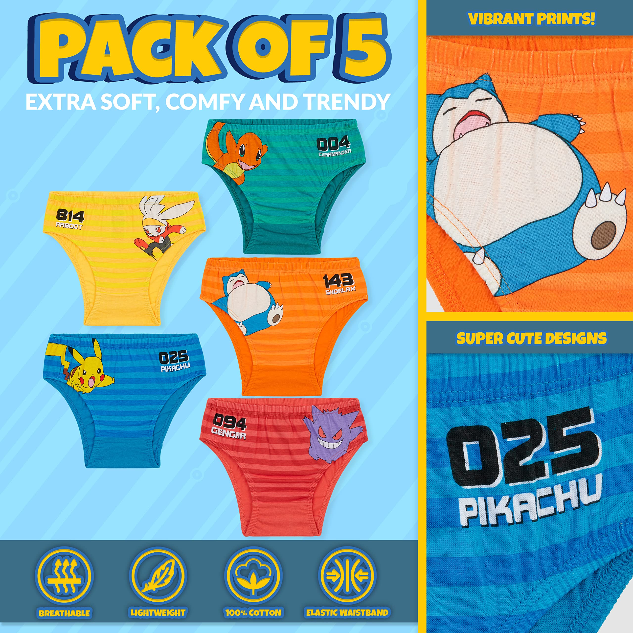 Pokémon Calzoncillos de Algodón, Ropa Interior para Niños, Pack de 5