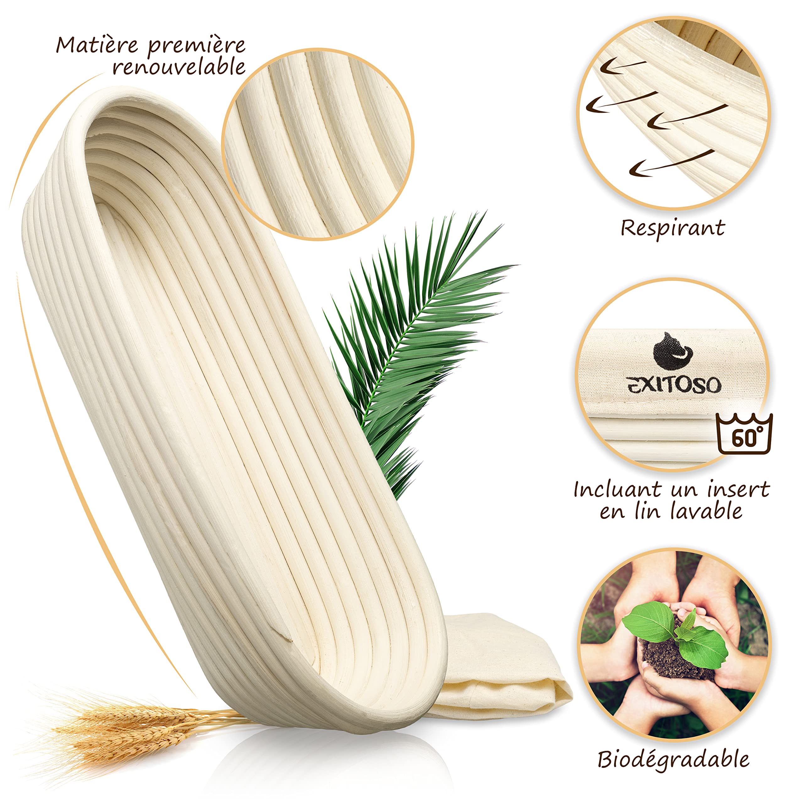 Exitoso Banneton pour Pain Ovale en Rotin Ø35cm 1Kg - Paniere Osier et Tissu Lin - Moule Long avec Lame Boulanger - Corbeille Tissu