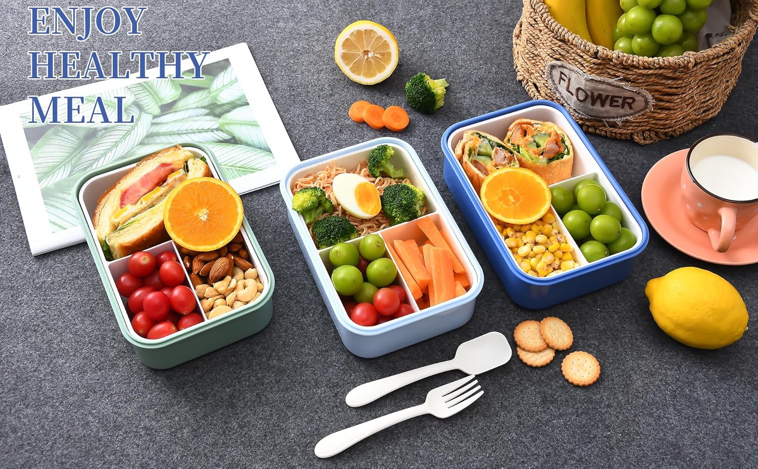 UPTRUST Bento Lunch Container for Kids, Bento Adult Box with 3 Compartment, Leak-proof, Dishwasher Safe, Freezer Safe, Meal Snack Box(Blue-White) (Blue-White) - Image 5
