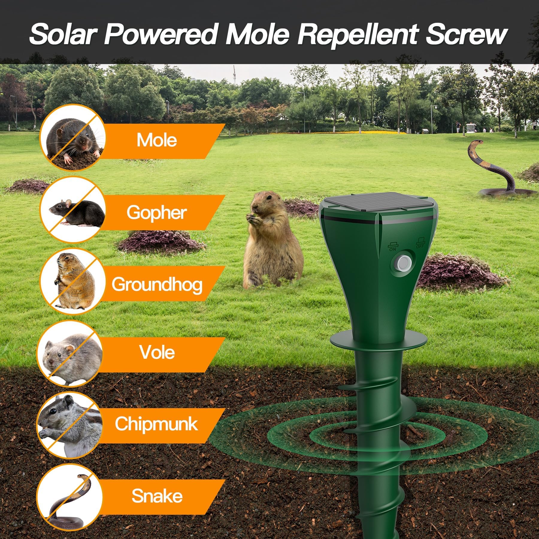 Paquete de 8 repelentes de topos alimentados por energía solar, estacas ultrasónicas repelentes de topos para césped, IP65 impermeable, disuasorio de topos para patio, control de roedores al aire