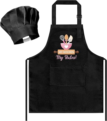 Miniatura 82 de R HORSE Juego de 2 delantales para niños y sombrero de chef, delantal de cocina azul ajustable para niños, kit de pintura y entrenamiento