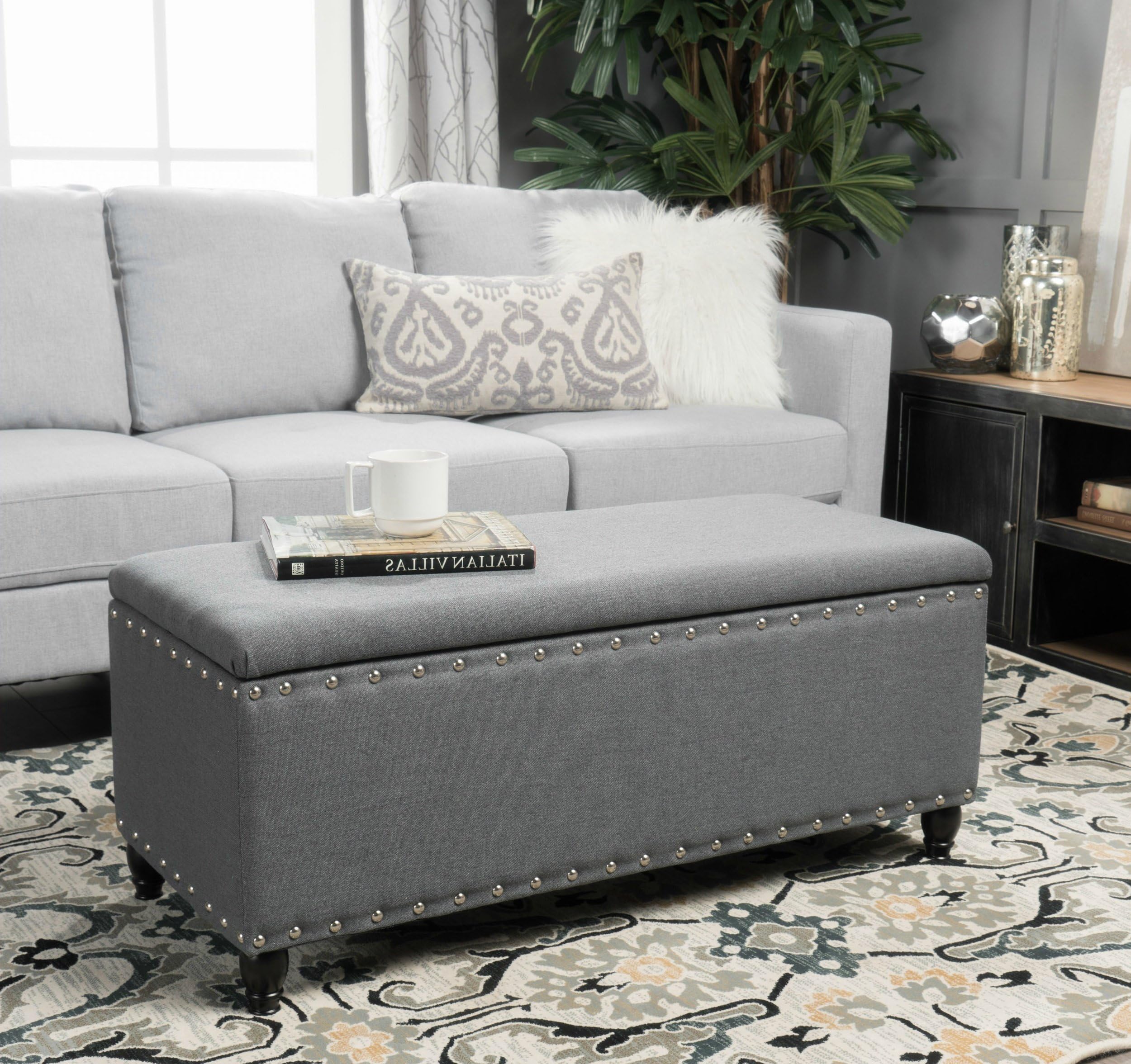 Storage Ottoman Bench Coffee Table Grey Nailhead Studded Fabric