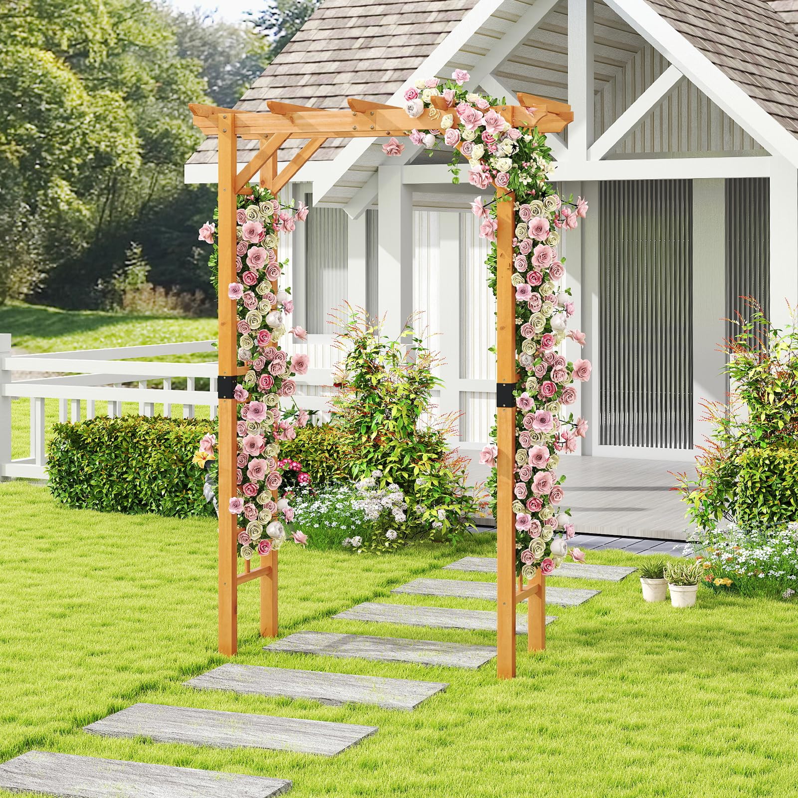 HOMASIS Arche de Jardin en Bois, Arche pour Escalade avec Auvent, Tonnelle Extérieure pour Roses et Glycines, Décoration de Jardin pour Fête et Mariage (140 x 60 x 215 cm)