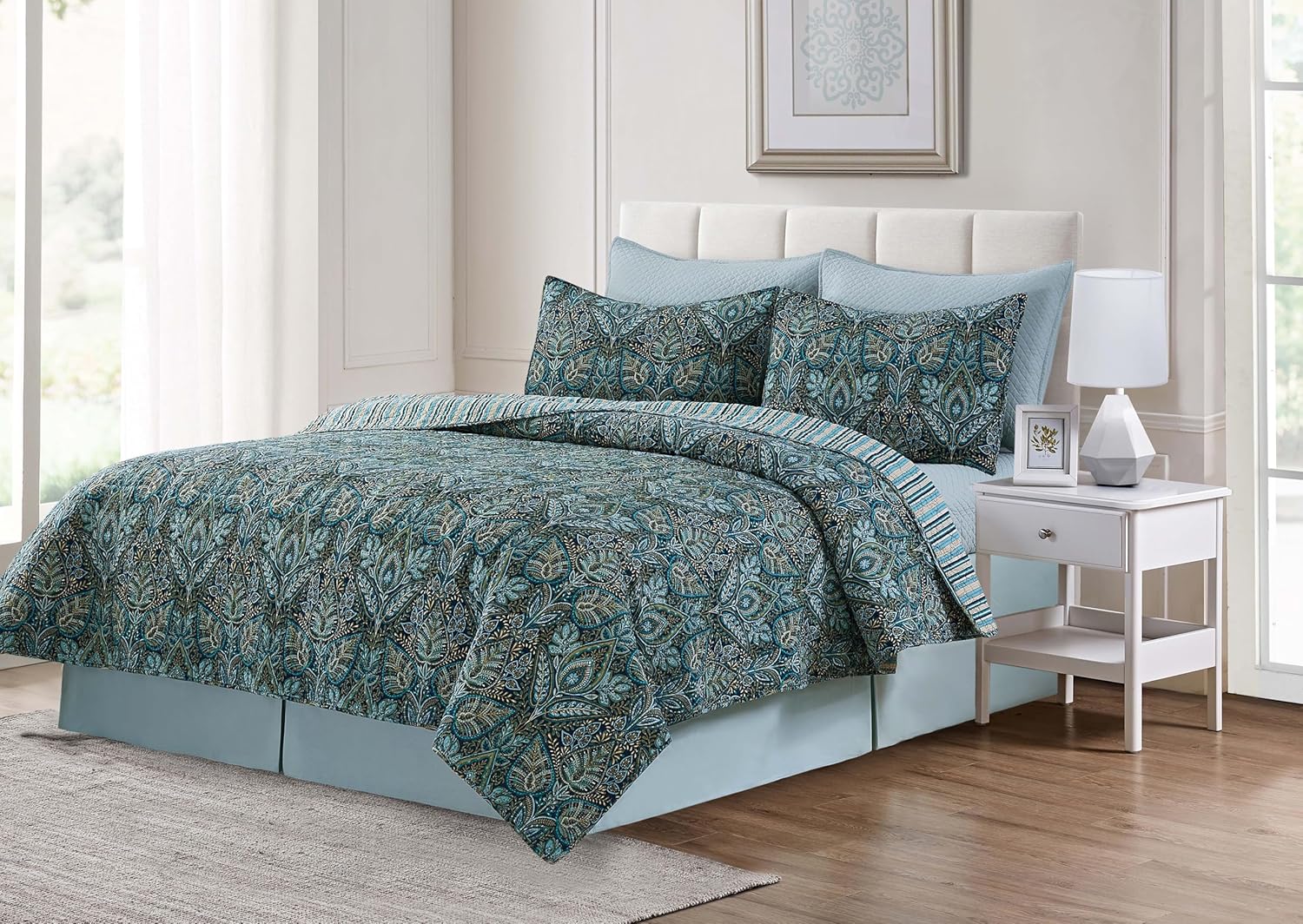 C&F Home Bailey Blue King 3-Piece Cotton Bedding Quilt Set All Seasons Summer Botanical Reversible Machine Washable Lightweight Bedspread Coverlet Bed Bedroom Decor Decoration King 3 Piece Set Green