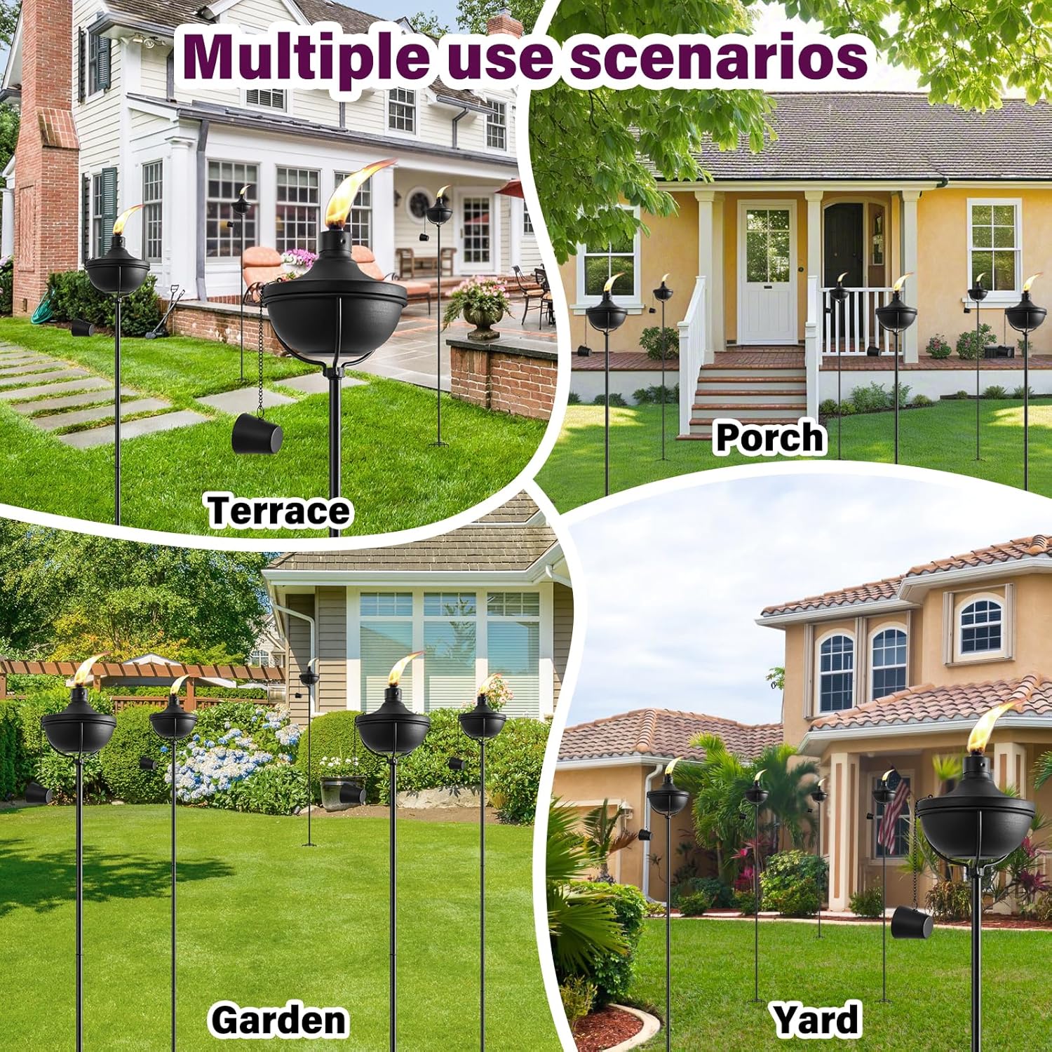 Home Garden Torch Set of 6, Outdoor Metal Torches with 5-Prong Grounded Stake, 56-Inch Adjustable Citronella Torch, 23.5 oz Metal Light Torches for Patio, Pathway, Party (Ultra-Stable Design)