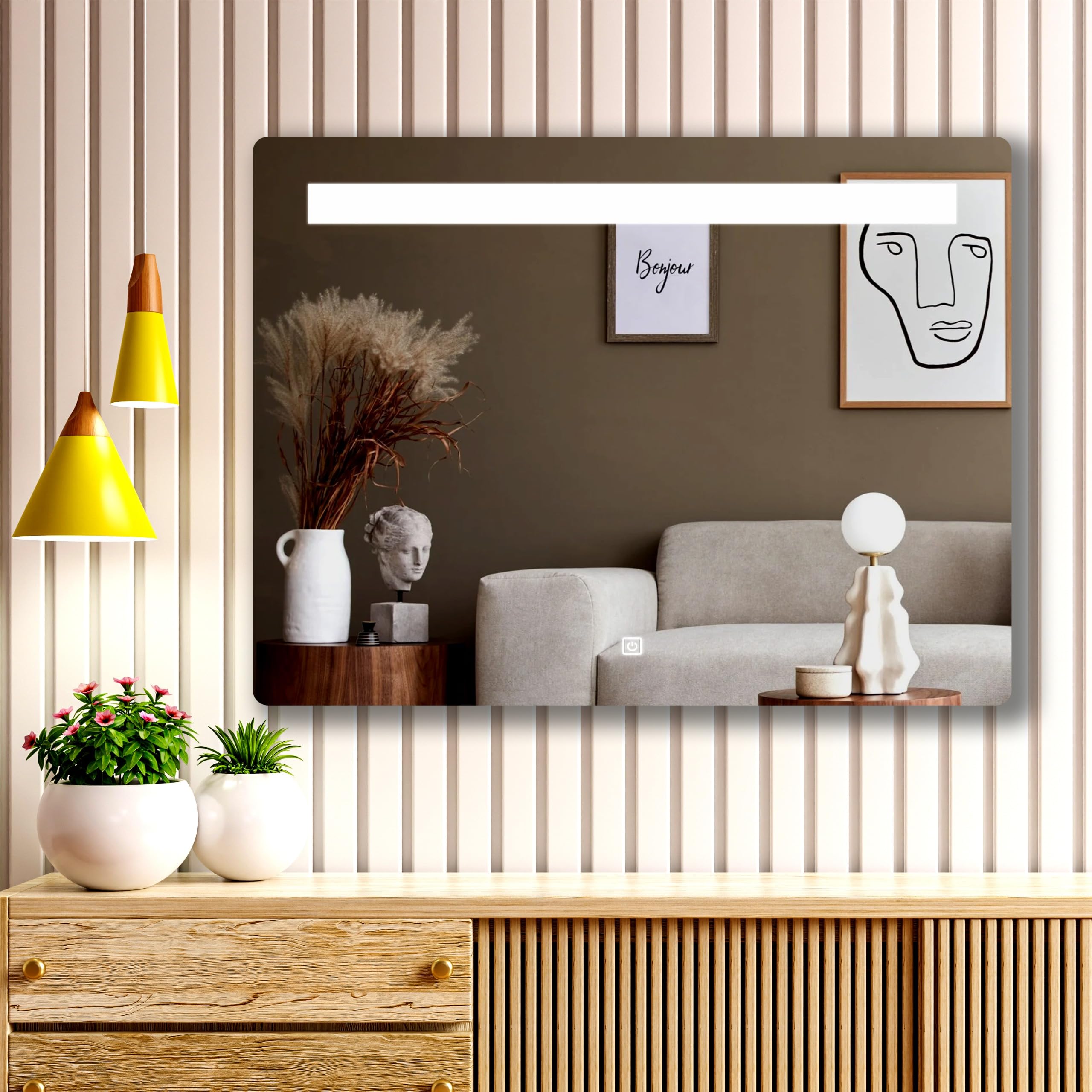 NEVEX 24X18 inch Horizontal Wall Mounter Mirror with Led Light for Wash Basin with Smart 3 Light Tone (Cool White,Natural White and Warm White)