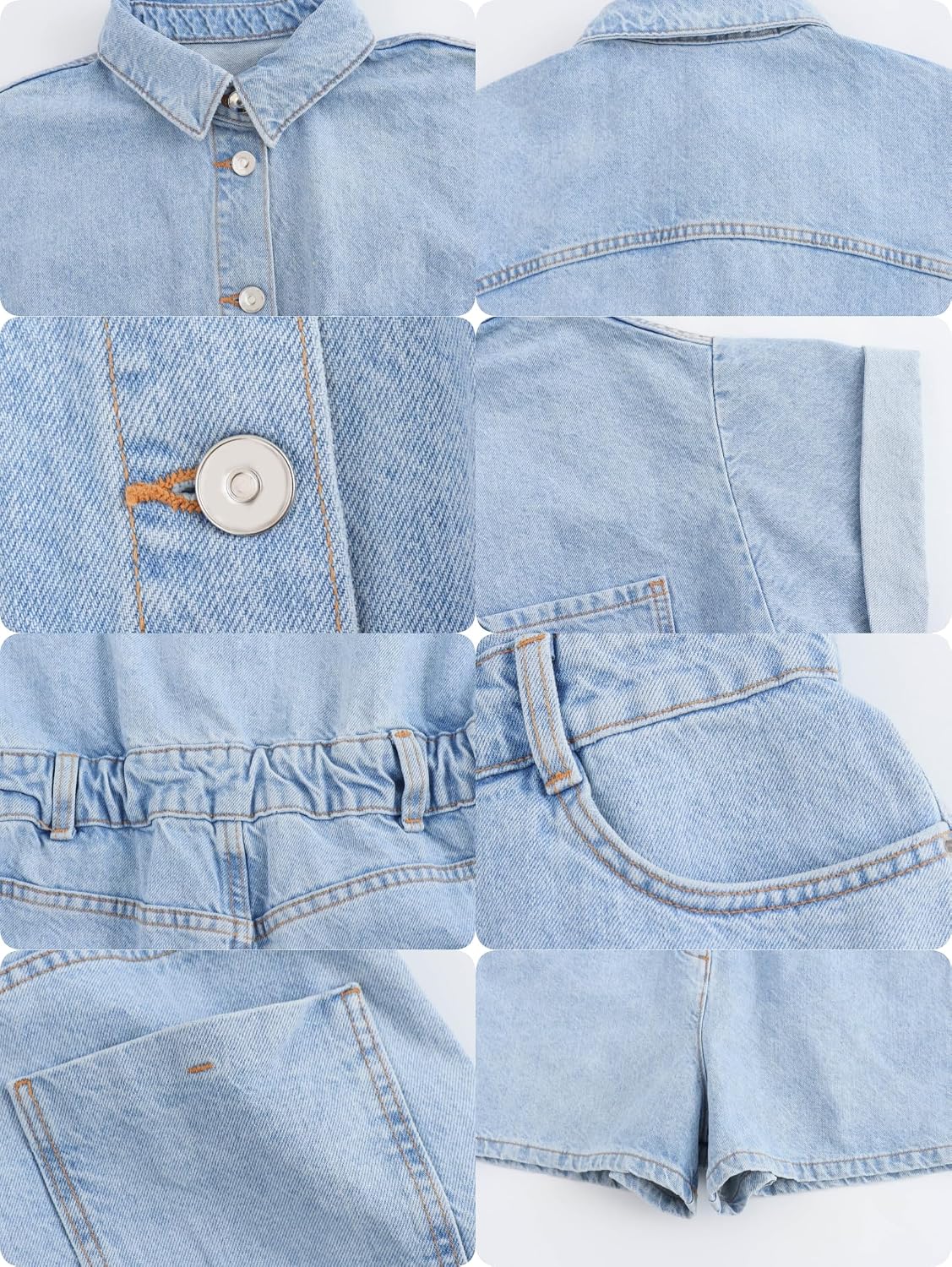 Women's Button down Pockets Belted Washed Denim Jumpsuits Rompers, Summer Lapel Short Cuffed Sleeve Jean Romper Shorts