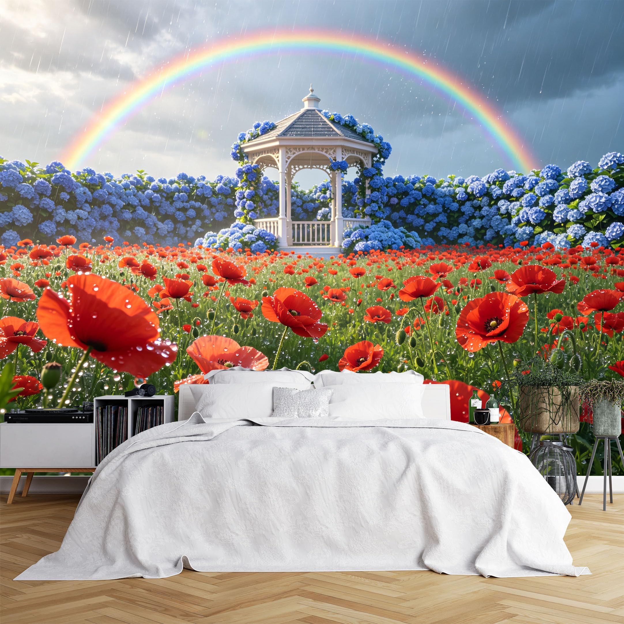Lcythiazole Ch260615245 Custom Size Wall Murals Poppy Hydrangea Garden Rainbow Rain Gazebo Wall Stickers Self-Adhesive Wall Fabric (No Pvc) Removable Wallpaper For Patio Living Room