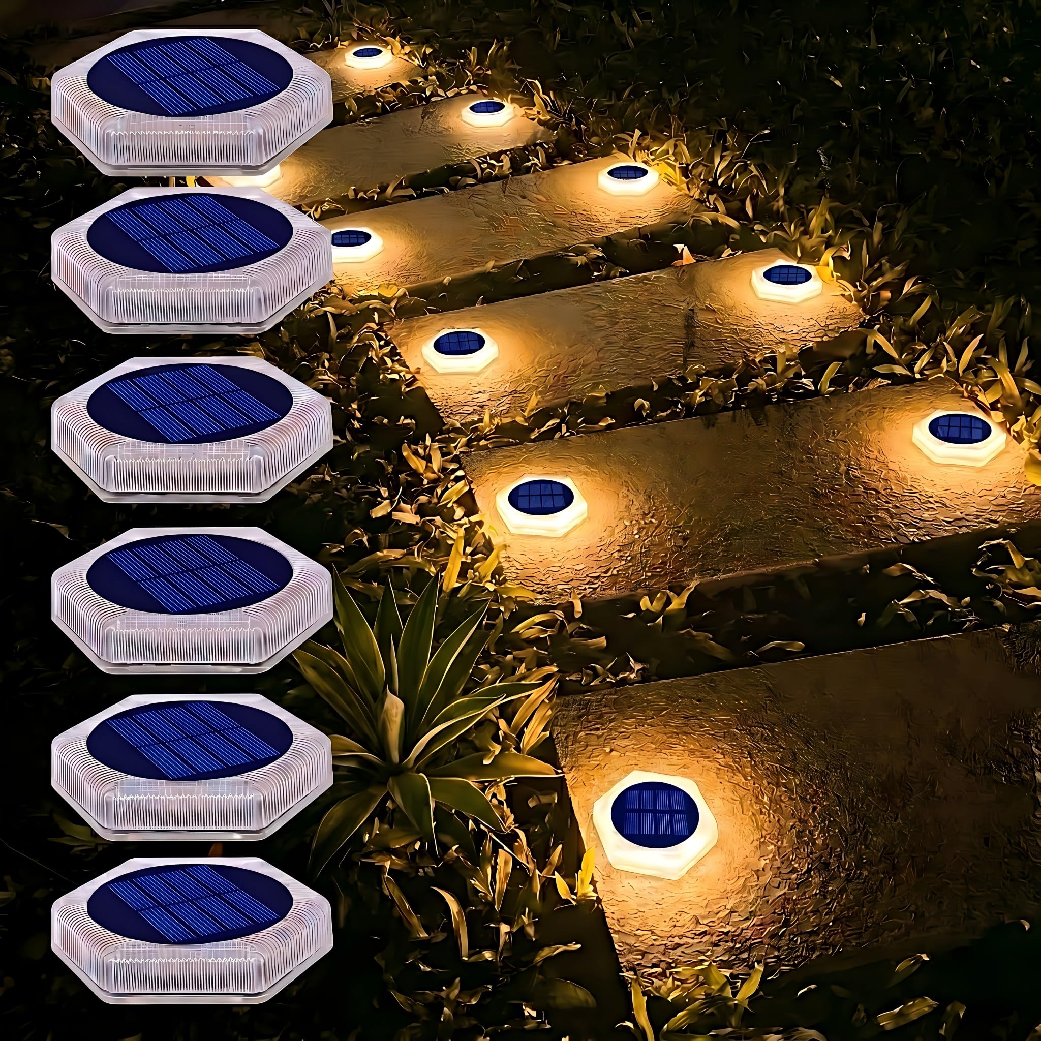 YiLaie Segnapasso 20 Leds Esterno Solare, 10cm Luci Esagonali da Giardino con Adesivo Luce 360°, Faretti Solari a Pavimento IP68 Calpestabili per Viale, Camminamento, Scale, Bianco Caldo (6 Pezzi)