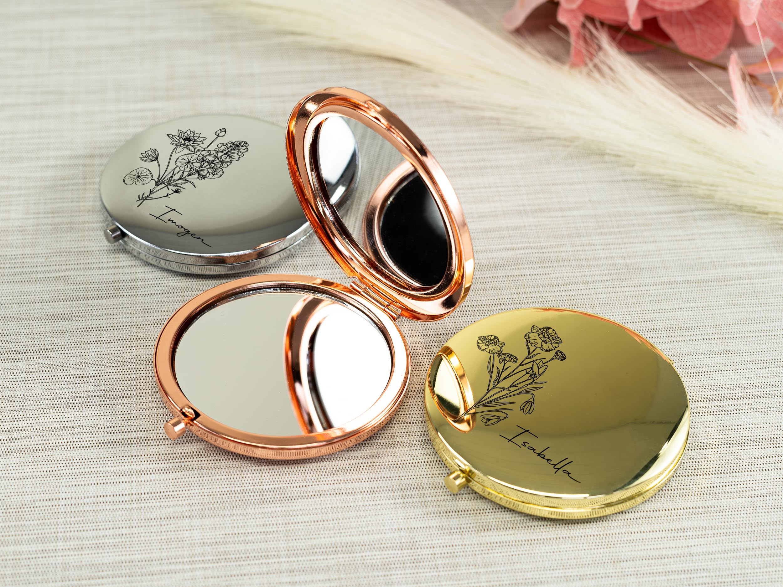 Personalised Compact Mirror, Bespoke Birth Flower Make Up Mirror, Double Sided Laser Engraving, Handheld Mirror, Custom Gift for Christmas, Mother’s Day, Birthday, Bridesmaid (Rose Gold)