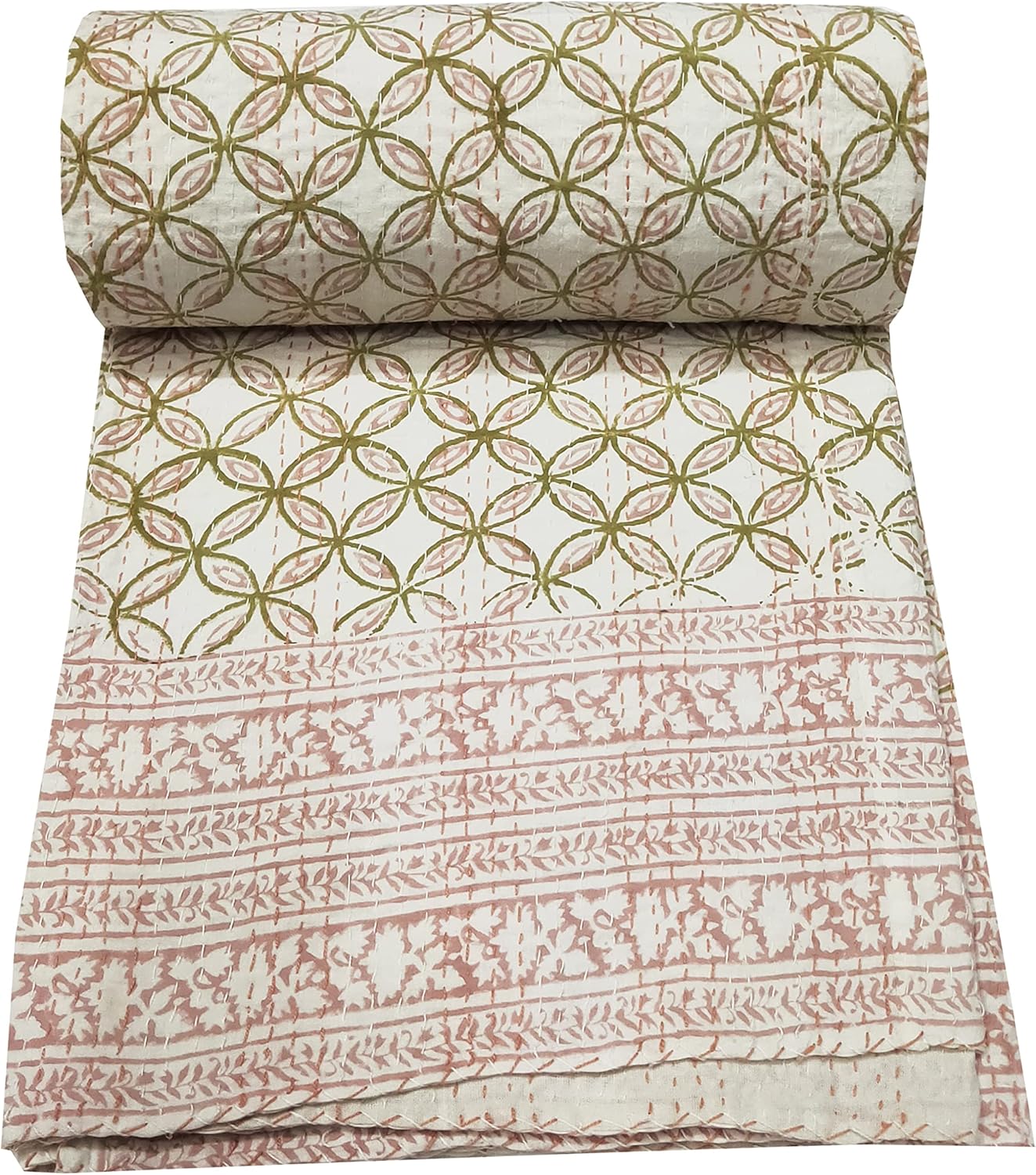 SHIRANYA Indian Traditional Kantha Quilt Vintage Handmade Blanket Throw Hand Block Printed Kantha Throw Hippie Made Kantha Rally Gudari (Twin)
